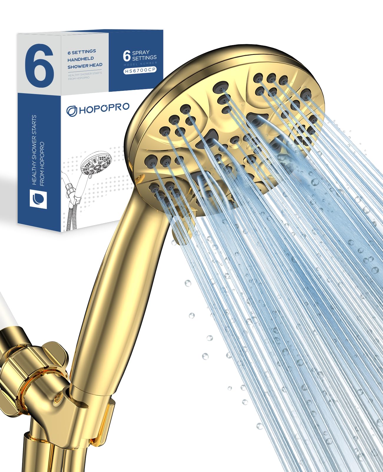 6-Mode High Pressure Handheld Shower Head Set - HOPOPRO High Flow Bathroom Shower Head With Handheld Replacement - 1-Min Tool-free Installation - Luxurious Gold