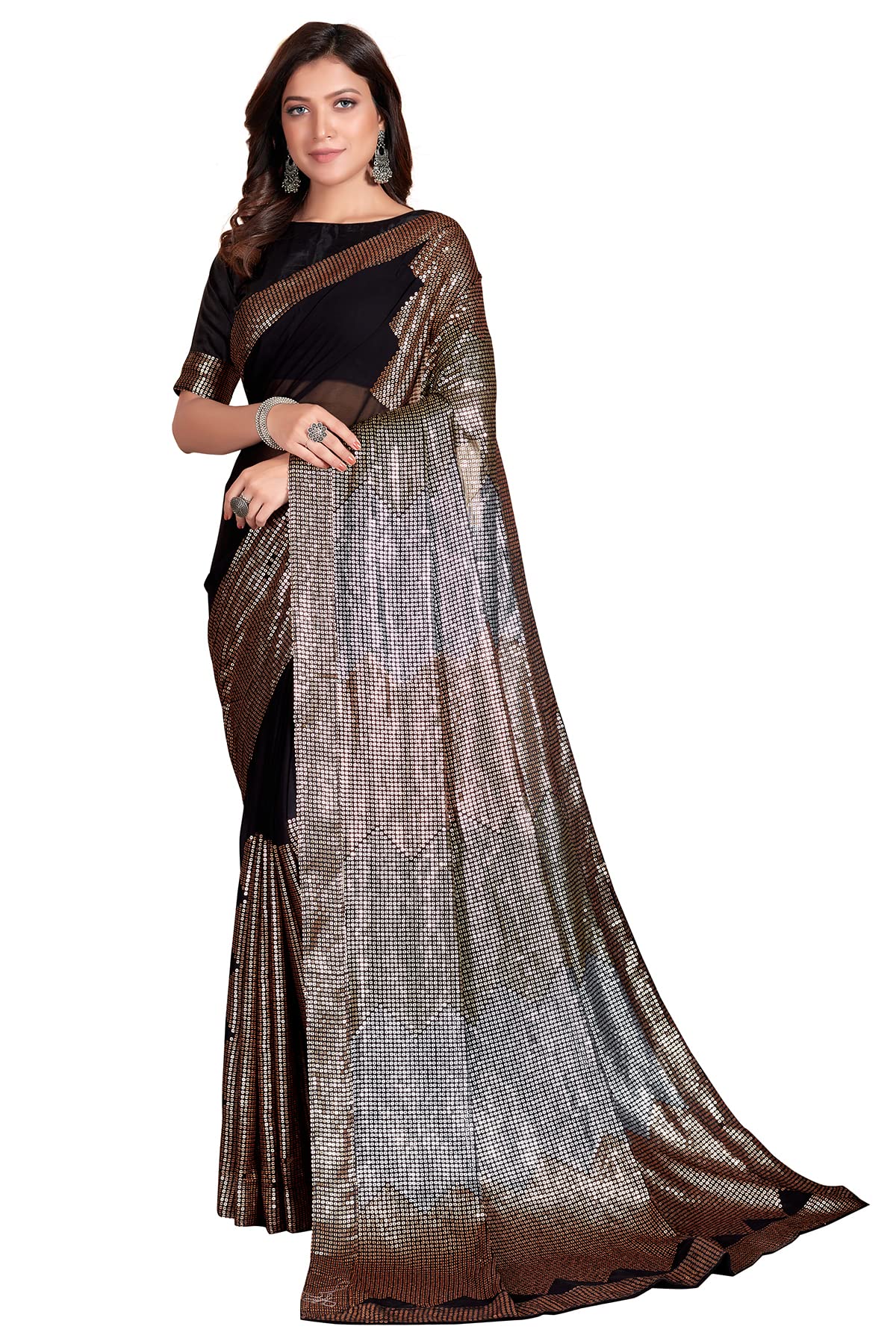 Pratham Blue Women's Sequins Georgette Fancy Saree With Blouse Piece (PB-13_Black)
