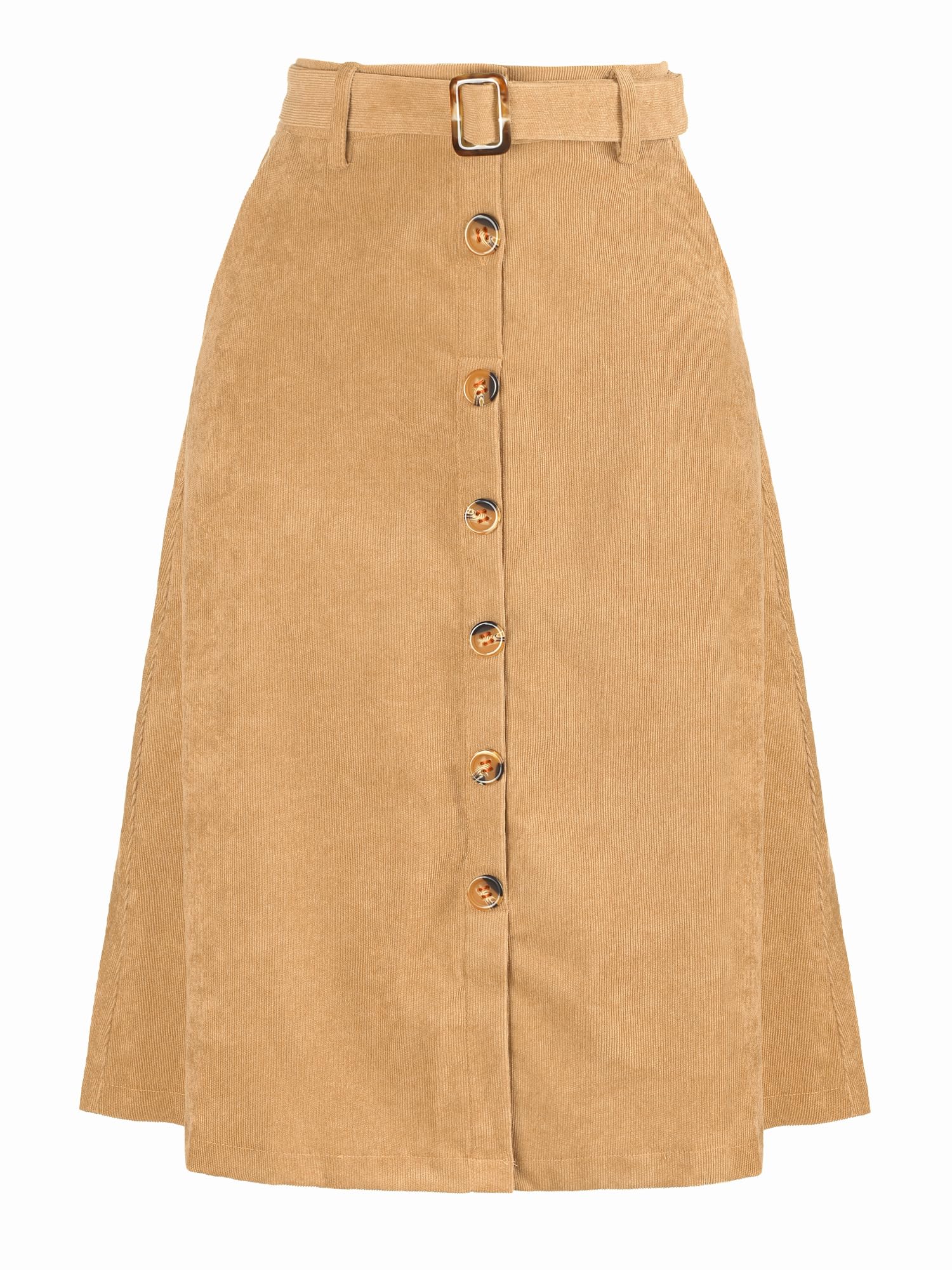 Allegra K Womens High Waist Button Front A-Line Belted Corduroy Midi Skirt