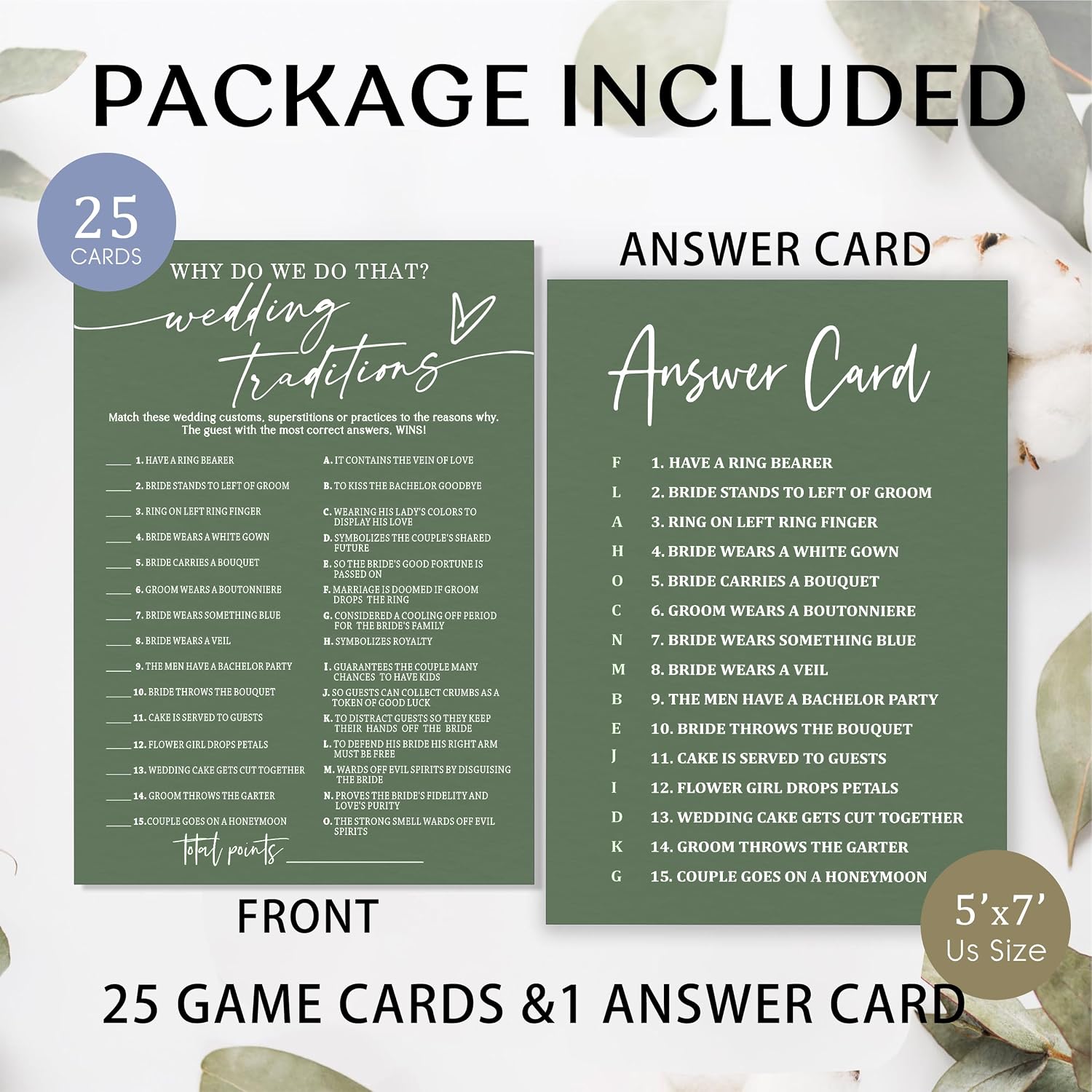 Bridal Shower Games Cards, Wedding Traditions Why Do We Do That, Fun Engagement Party Rehearsal Dinner Game Activity for 25 Guests, Minimalist Green Wedding Party Supplies - E07 image 2