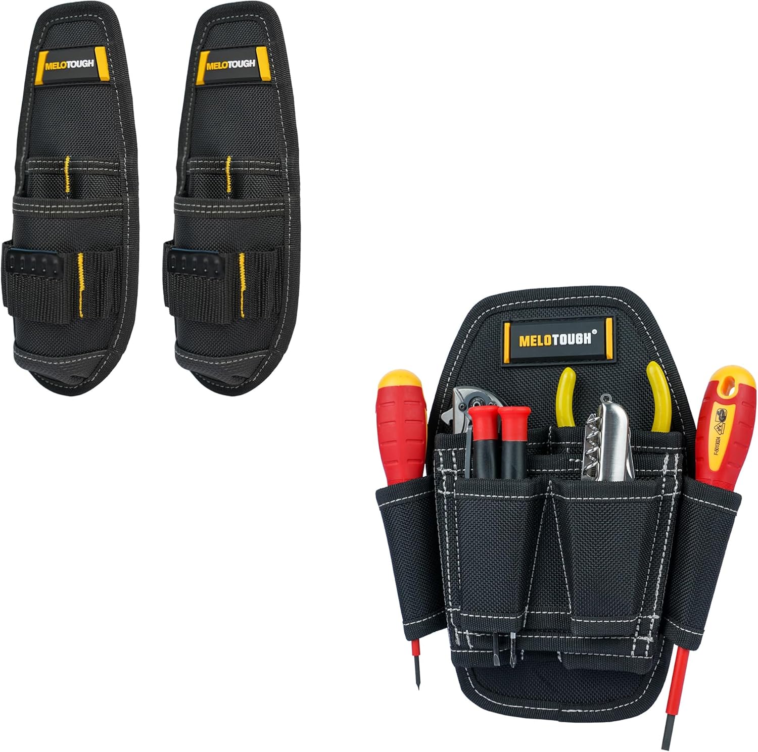 MELOTOUGH 2 PCS Small Tool Holder, Min Work Organizer Tool Pouch and Knife Holder with Snap Clip + Small Tool Pouch with Belt Clip, Black Polyester