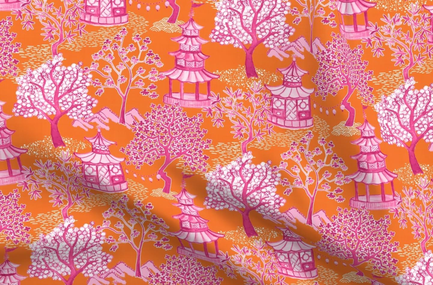 Spoonflower Fabric - Chinoiserie Pagoda Traditional Classic Preppy Grandmillennial Colorful Printed on Petal Cotton Fabric Fat Quarter - Sewing Quilting Apparel Crafts Decor