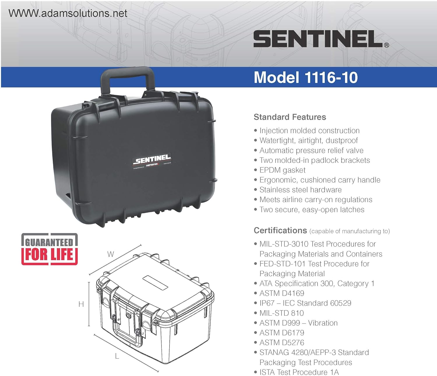 SENTINEL 1116-10 HARD CASE EMPTY BLACK HINGED LID