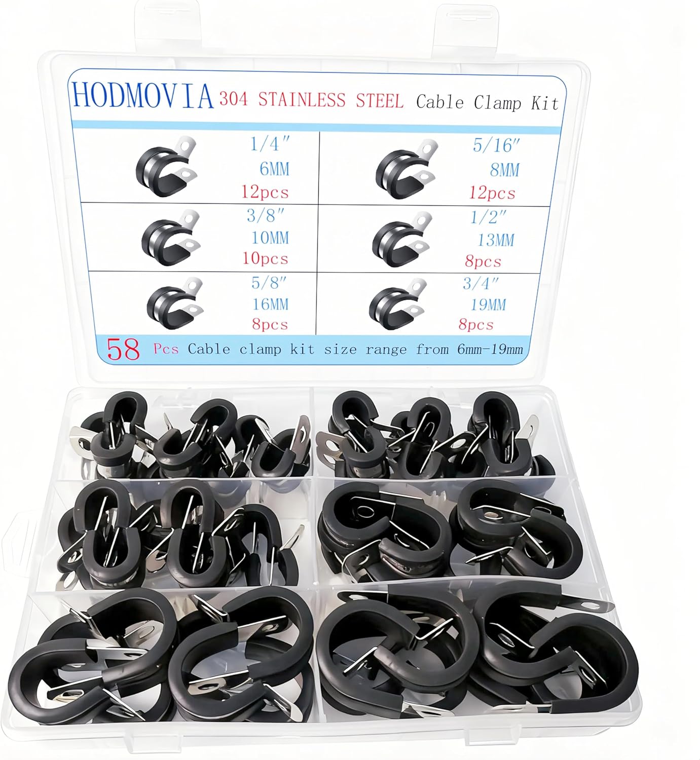 58Pcs 1/4" to 3/4" 304 Stainless Steel Cable Clamps Set,Pipe Clamps,Rubber Clamps,Automotive Cable Wire Clamps,Metal Clamp for Tube,Lines,Wire Cord Installation