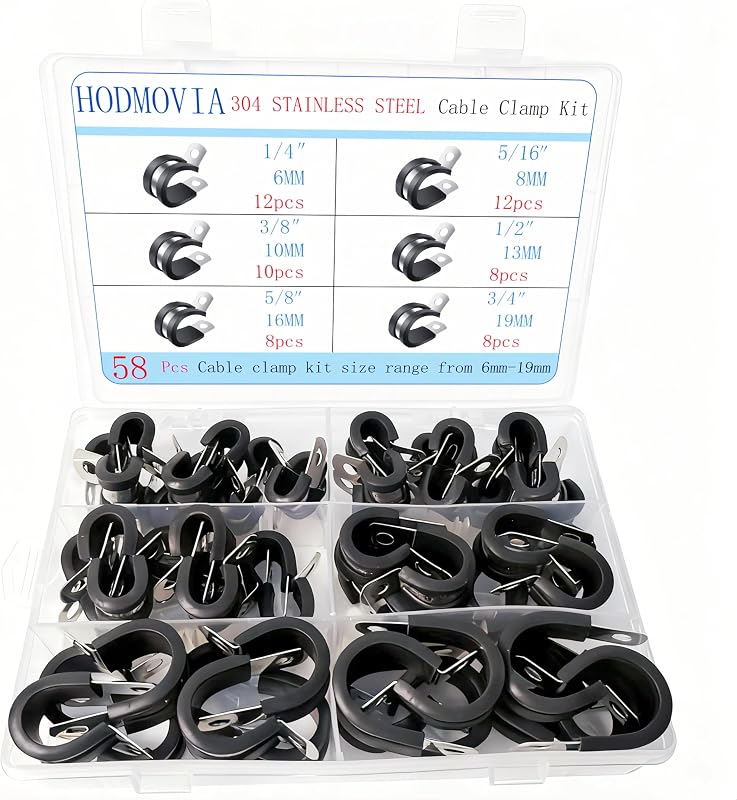 Kit de abraçadeiras tipo P HODMOVIA em aço inoxidável 304 para cabos e tubos – 58 unidades