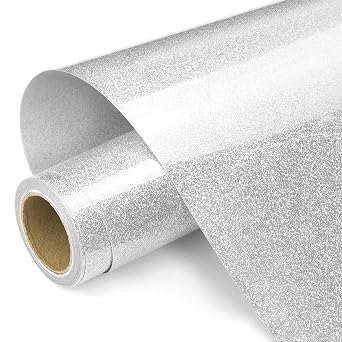 Prime Vinyl Heat Transfer Vinyl, 12" x 8ft Silver Glitter HTV Vinyl for T-Shirt, Iron on Vinyl for All Cutter Machines Easy to Cut & Weed with Heat Press DIY Craft Designs