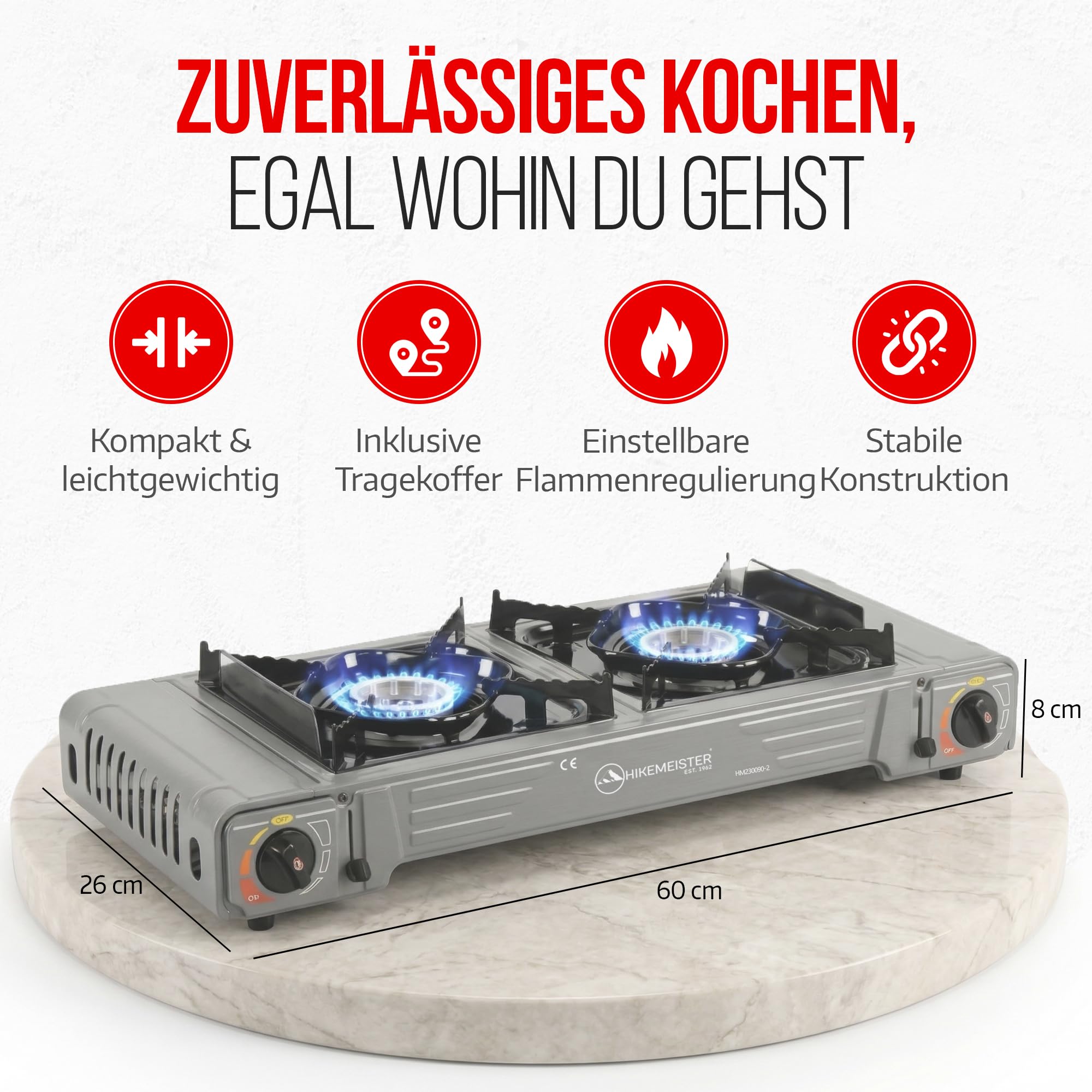 Hikemeister® Réchaud de camping à 2 feux avec plaque de cuisson et 12 cartouches de gaz - Réchaud à gaz portable 2 x 2,2 kW avec mallette de transport - Cuisinière à gaz d'extérieur pour camping
