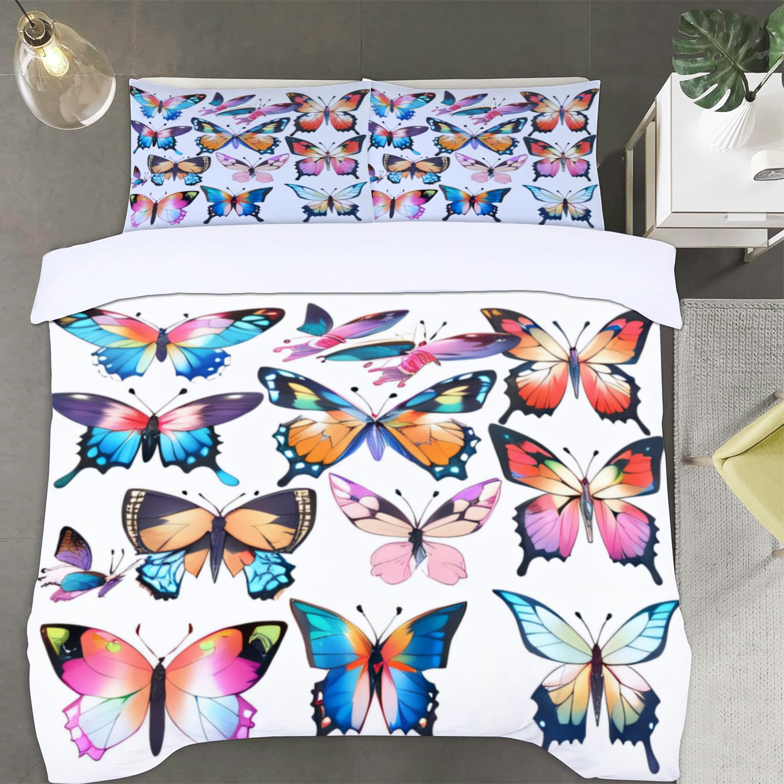 Housse de couette 220x240 papillon avec 2 taies d'oreiller pour lit 2 personnes