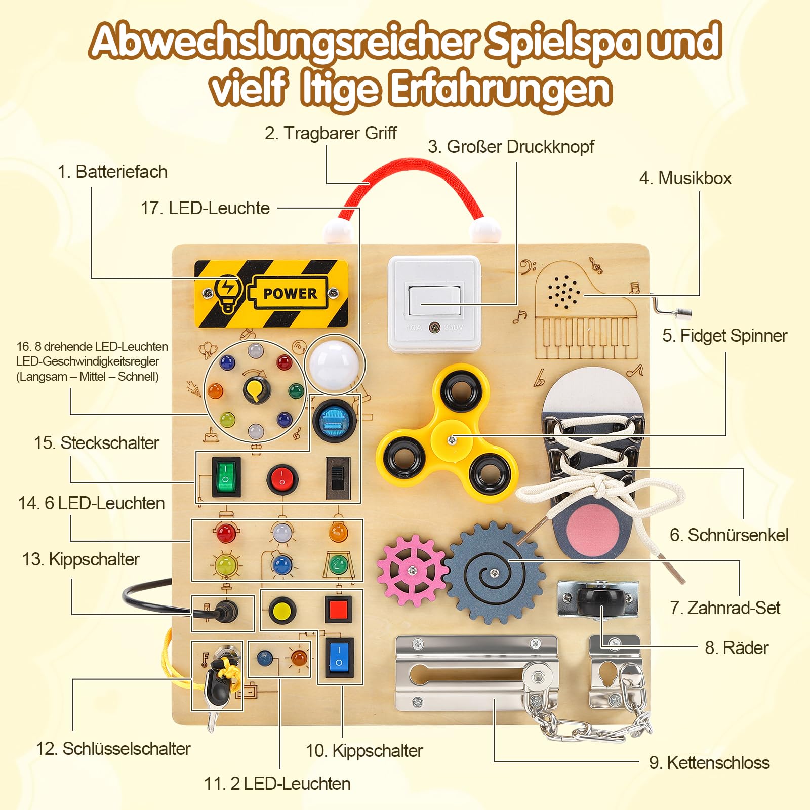 Montessori Busy Board Activity Board ab 1 Jahr,Lernspielzeug Motorikspielzeug Sensorik Spielzeug Holzspielzeug,Leuchten Sensory Learning Spielzeug mit Musikwerk & Farbmischfunktion