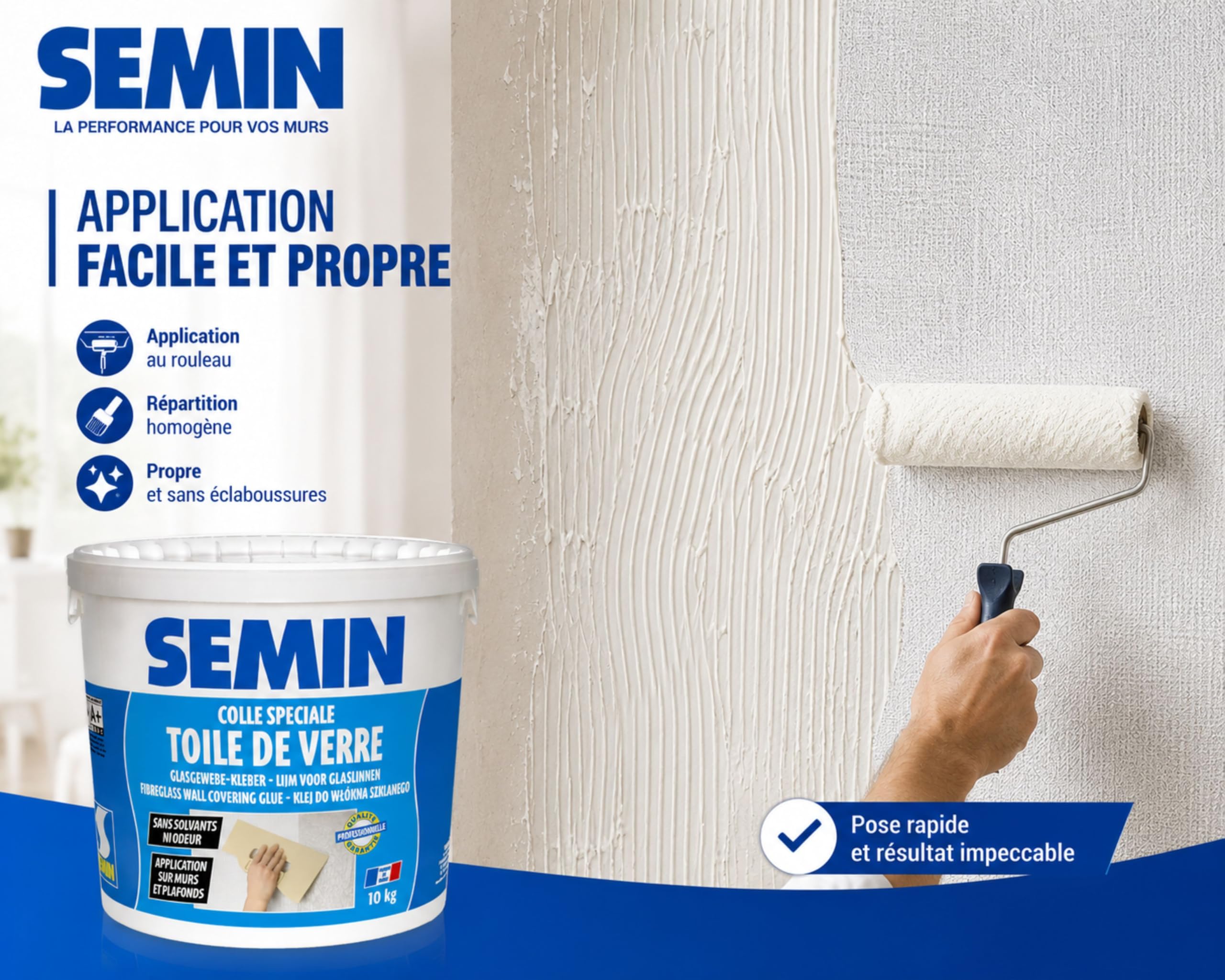 SEMIN Colle Toile de Verre 10 kg – Colle Prête à l’Emploi Sans Solvant et Sans Odeur – Forte Adhérence – Jusqu’à 50 m² – Murs, Plafonds et Pièces Humides – Fabrication Française