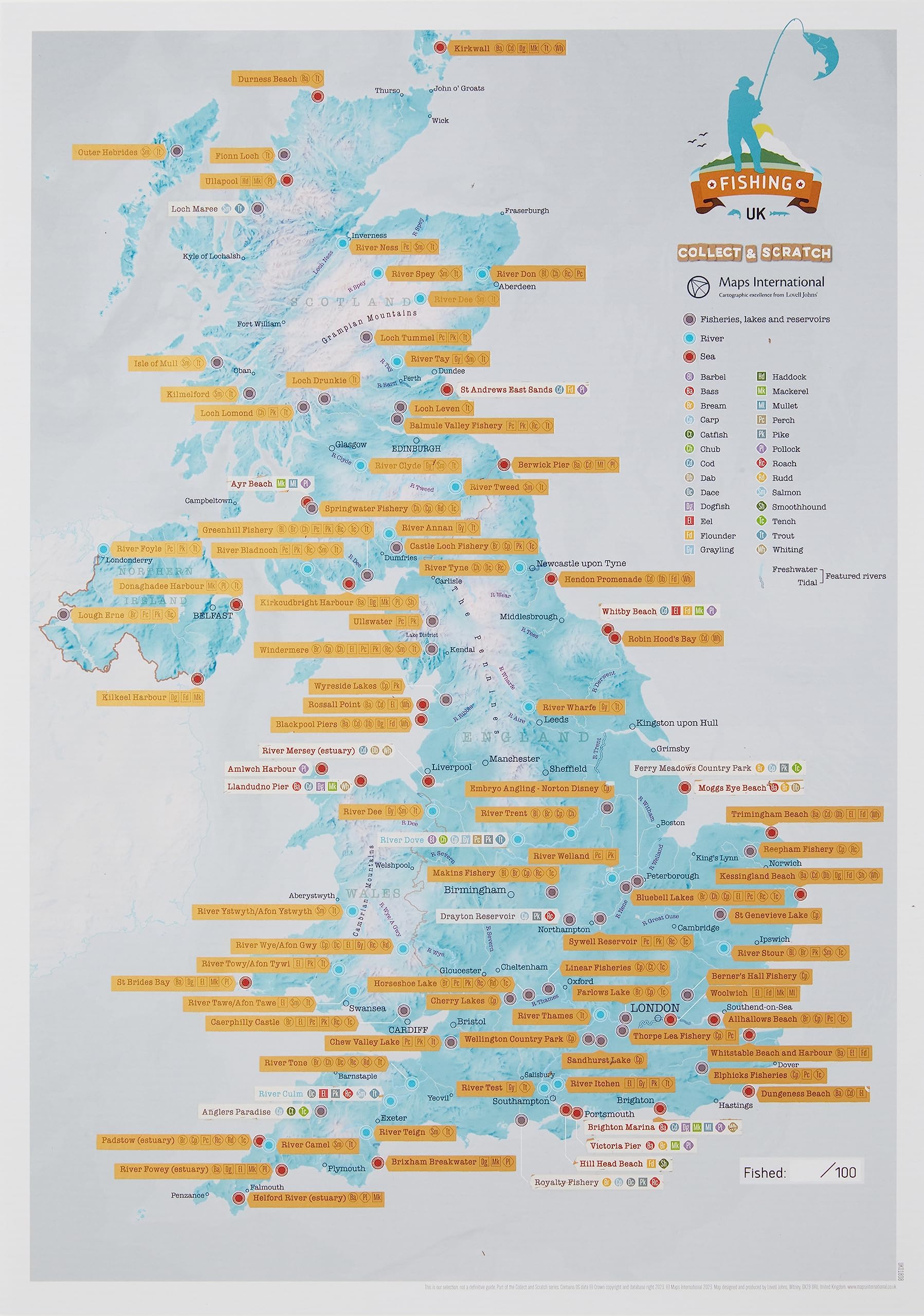 Scratch Off UK Fishing Map Poster - Gift for Fishing Enthusiasts - Featuring UK Fisheries, Lakes & Reservoirs - 30 (w) x 42 (h) cm