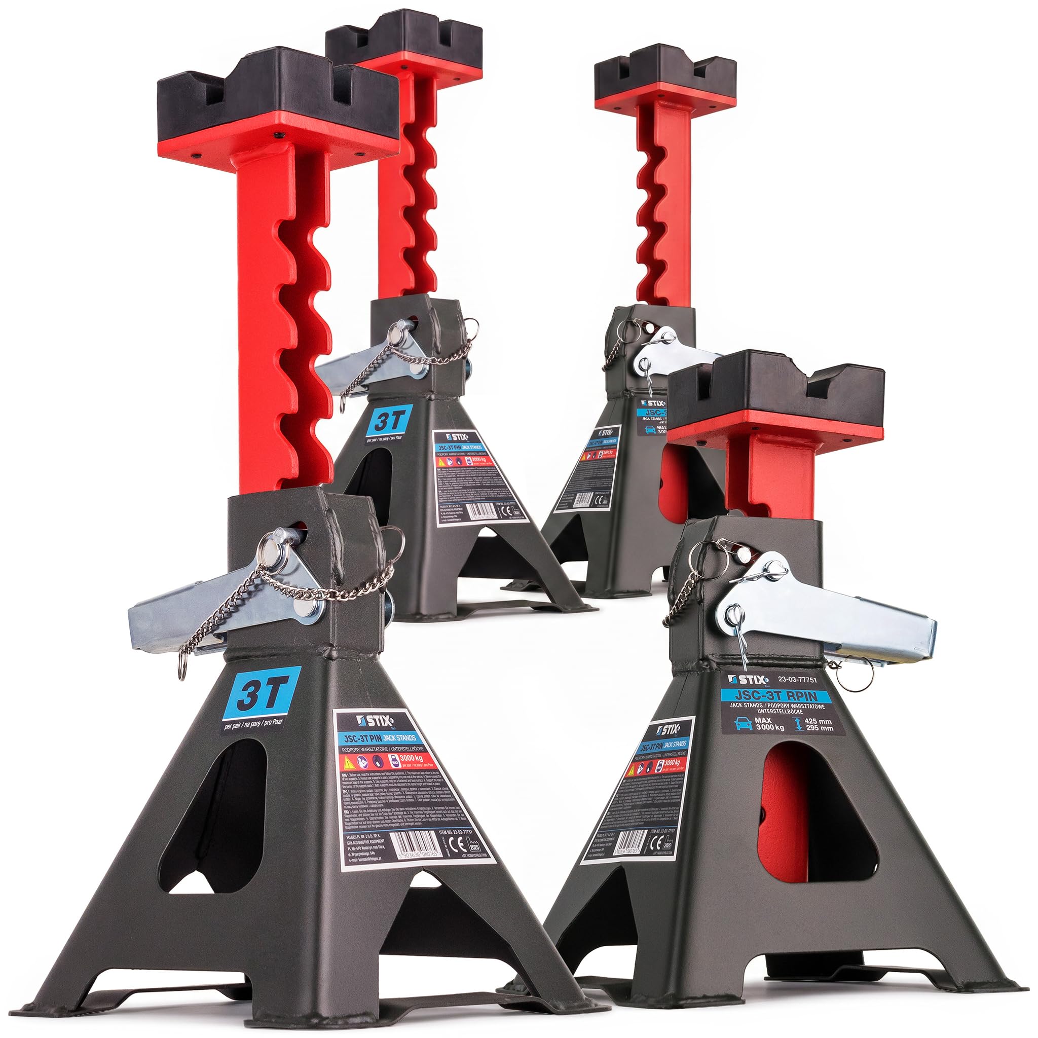 4X Caballetes de apoyo 3T con pinza de seguridad - 4 piezas de gato elevador de pie - Altura ajustable de 275-430 mm - con soporte de goma y doble bloqueo para coches y vehículos