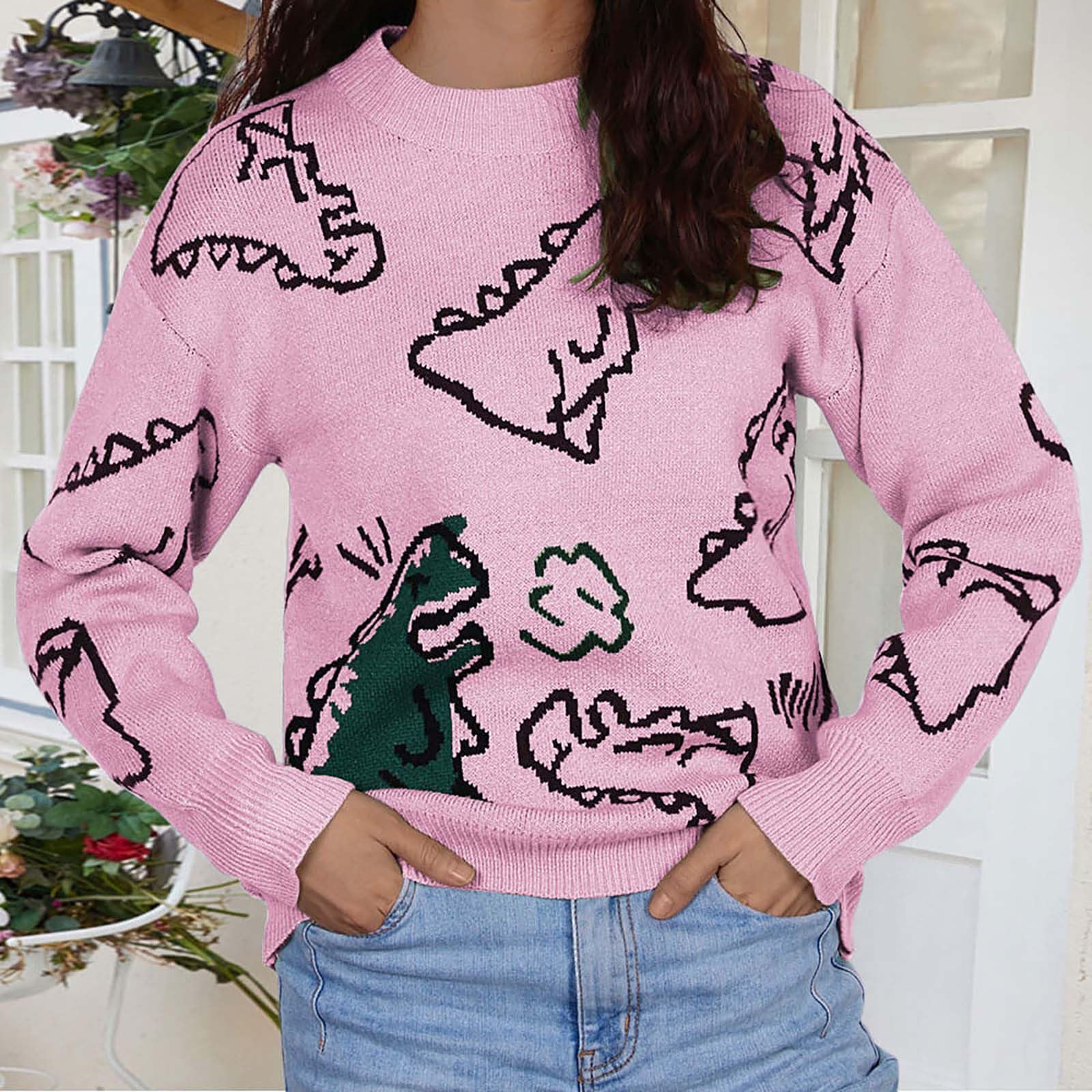 Damen-Strickpullover mit Dinosaurier-Aufdruck, übergroßer Pullover, Preppy-E-Girl-Streetwear Strickpullover Rollkragen Strickpullover Oversized Damen