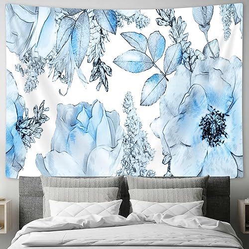 Miniatura 2 de SAOLUIS Tapiz floral, tapiz de flores azules, tapiz estético floral de acuarela, tapiz floral de poliéster, para colgar en la pared para dormitorio,