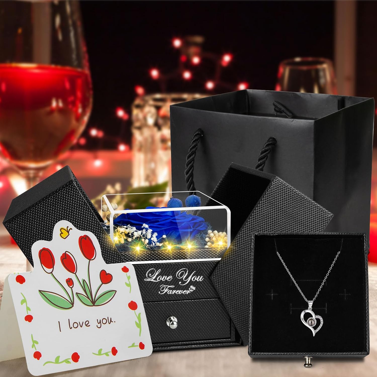 Preserved Blue Real Rose with I Love You Necklace -Eternal Flowers Rose Gifts for Mom Grandma Wife Girlfriend Gifts for Her Christmas Birthday Anniversary - Image 5