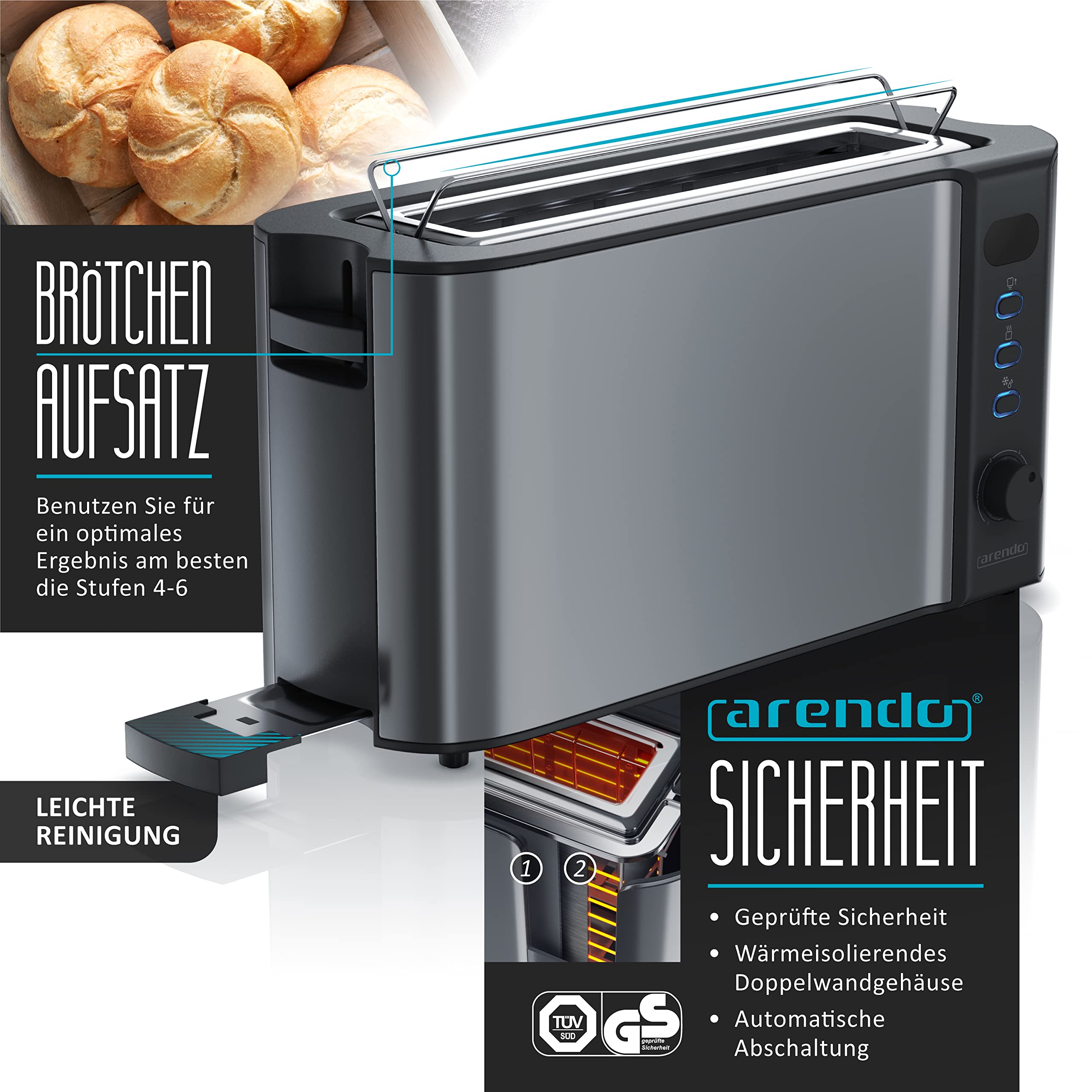 Arendo Wasserkocher Toaster SET Edelstahl Cool Grey 1,5L 40°-100°C 2 Scheiben LED-Display 6 Bräunungsgrade