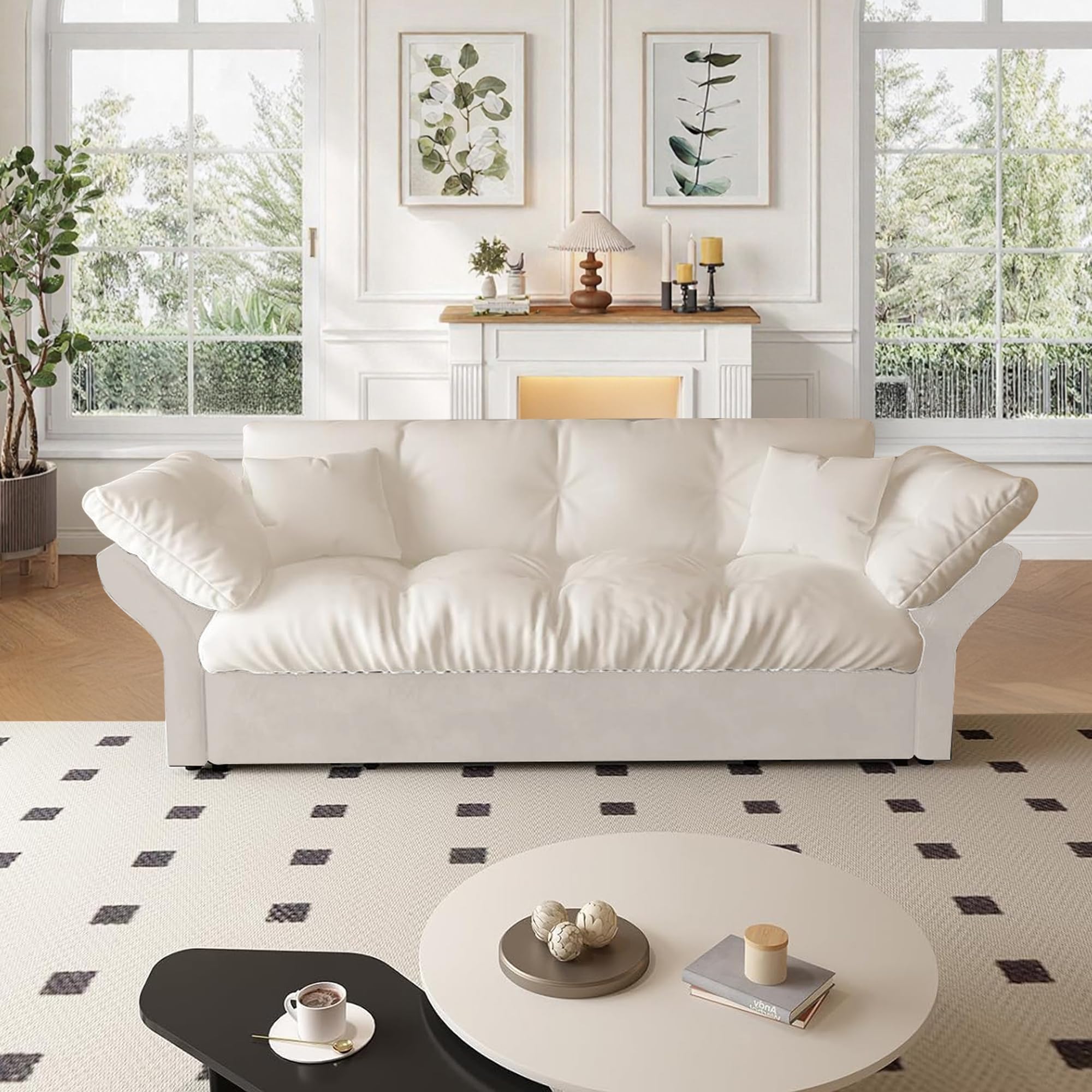 74.8" Queen Size Sleeper Sofa with Pull Out Bed, 3-in-1 Convertible Loveseat Sofa with 2 Pillows, Portable Pull Out Chaise for Living Room Apartment Small Spaces, Beige