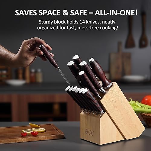 Miniatura 9 de PAUDIN Kitchen Knife Set with Block, 14 Pieces Knife Sets for Kitchen with Block, High Carbon German Stainless Steel Sharp Chef Knife Set with
