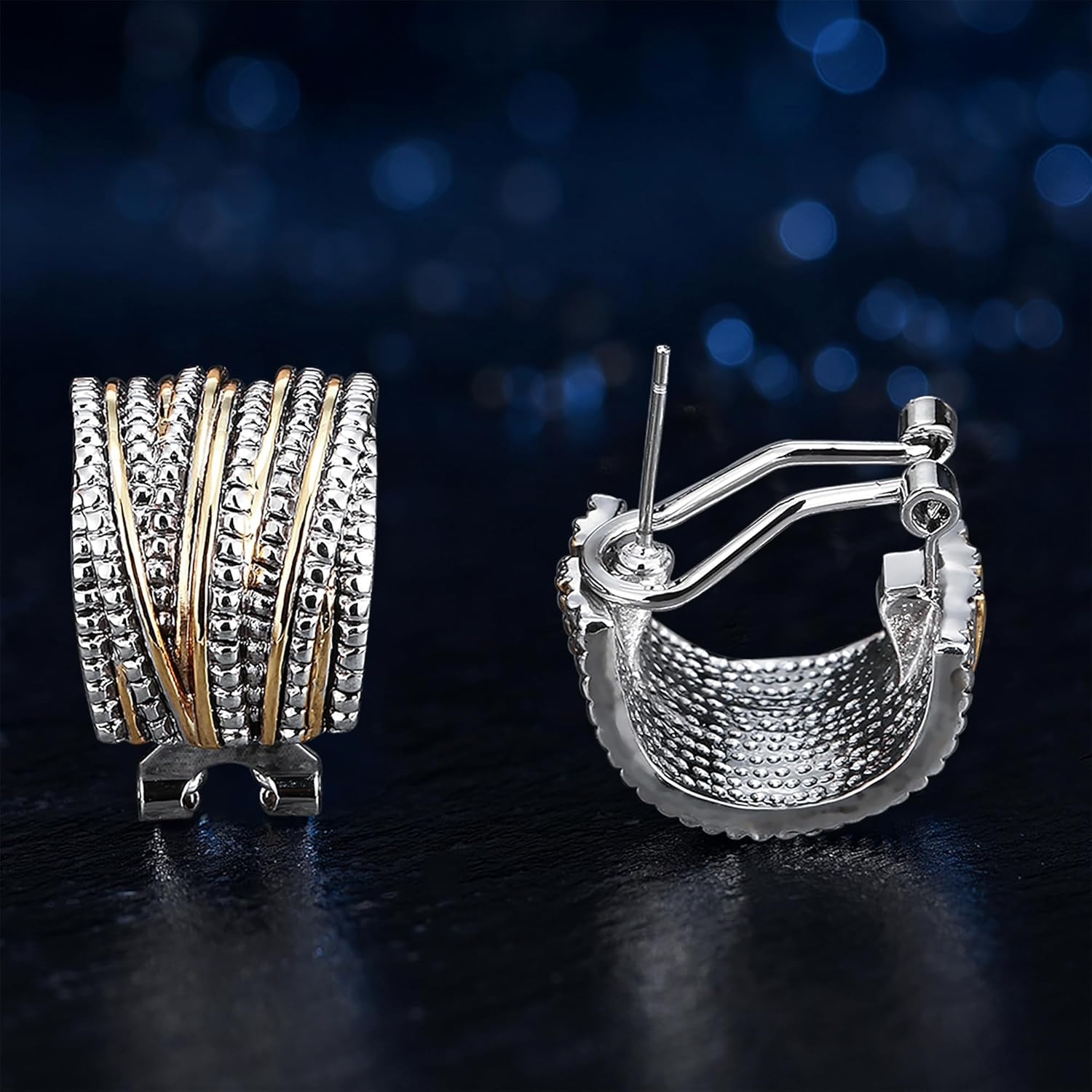 14k Gold Silver Earrings for Women, Crossover Half Hoop Earrings Two Tone Twisted Stud Lightweight Statement Earrings Jewelry - Image 5