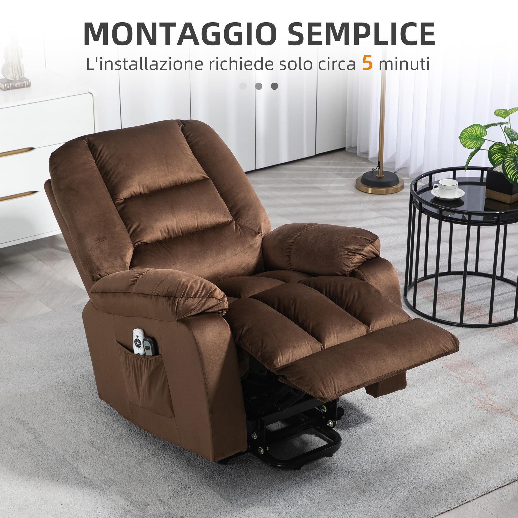 HOMCOM Poltrona Relax Alzapersona Reclinabile in Velluto, Poltrona Massaggiante e Riscaldata con 8 Punti Massaggio e 4 Modalità, Marrone