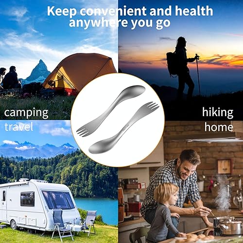Miniatura 6 de OUTXE Juego de 2 tenedores y cucharas de titanio 2 en 1, juego de 2 utensilios de campamento ultraligeros, tenedor ecológico para mochileros,