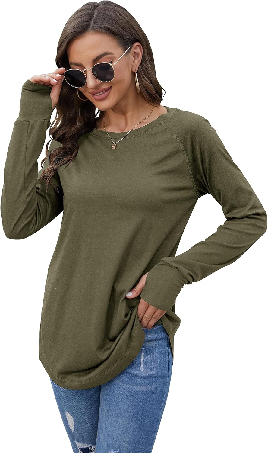 Fisoew Women's Casual Long Sleeve Tops Crew Neck Round Hem Loose T-Shirts Tunic Tops with Thumb Holes - Image 4