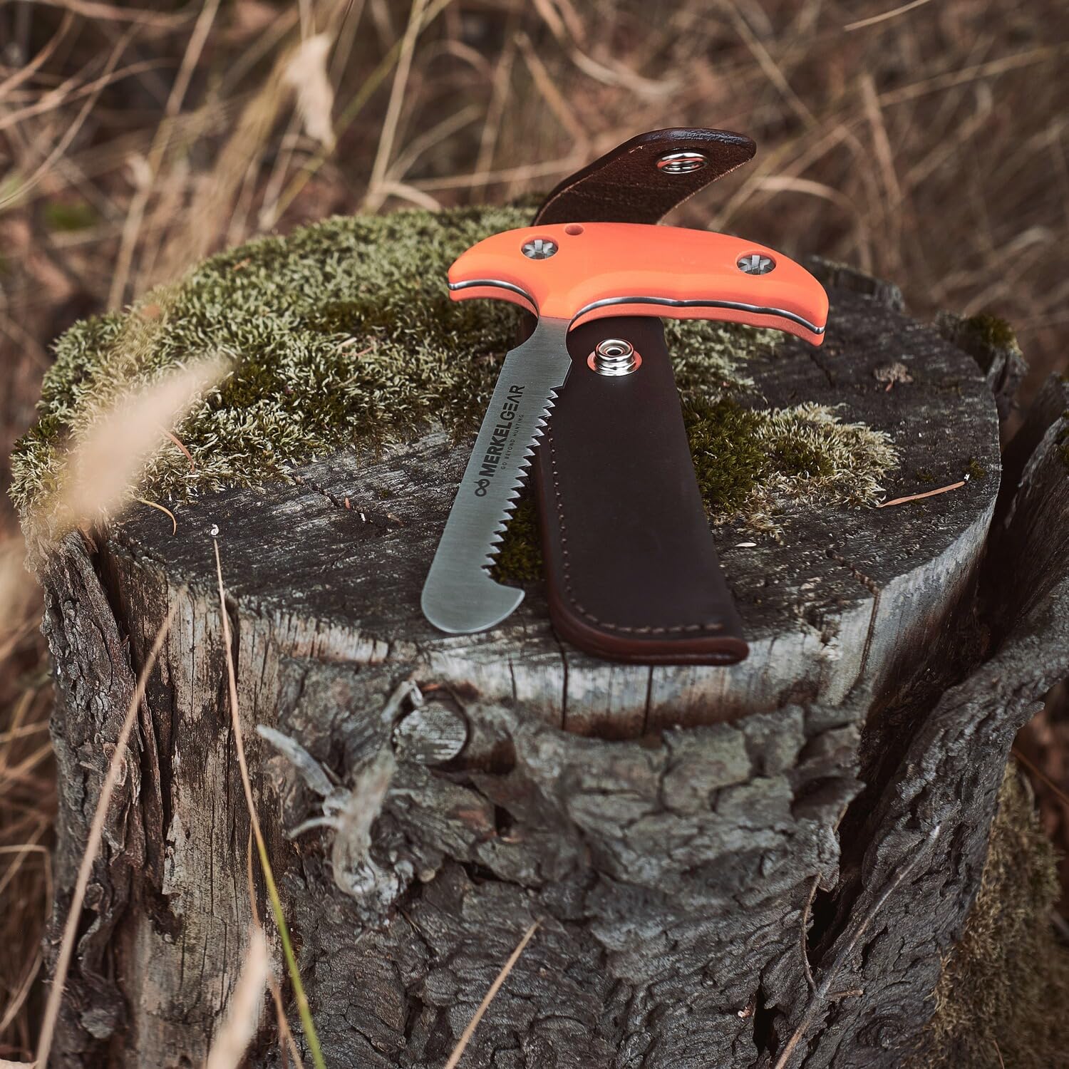 Merkel GEAR Aufbrechsäge Knochensäge Schlosssäge 11cm aus rostfreiem AISI 420 Stahl G10 Griffschalen Orange mit Lederscheide Sport & 