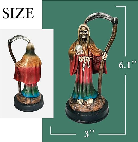 Miniatura 2 de Estatua de Santa Muerte de arco iris sosteniendo guadaña en bata de arco iris de siete poderes estatua de resina religiosa de 5 pulgadas Muerte