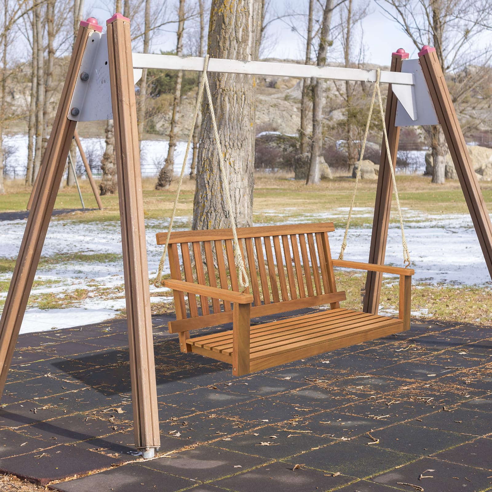 GIANTEX Hängebank Schaukel 2-Sitzer, Schaukelbank Outdoor, Hollywoodschaukel aus Massiv Akazienholz, Veranda-Schaukel Gartenschaukel zum Aufhängen 130 x 63 x 57 cm, Hängeschaukel bis 360 kg belastbar