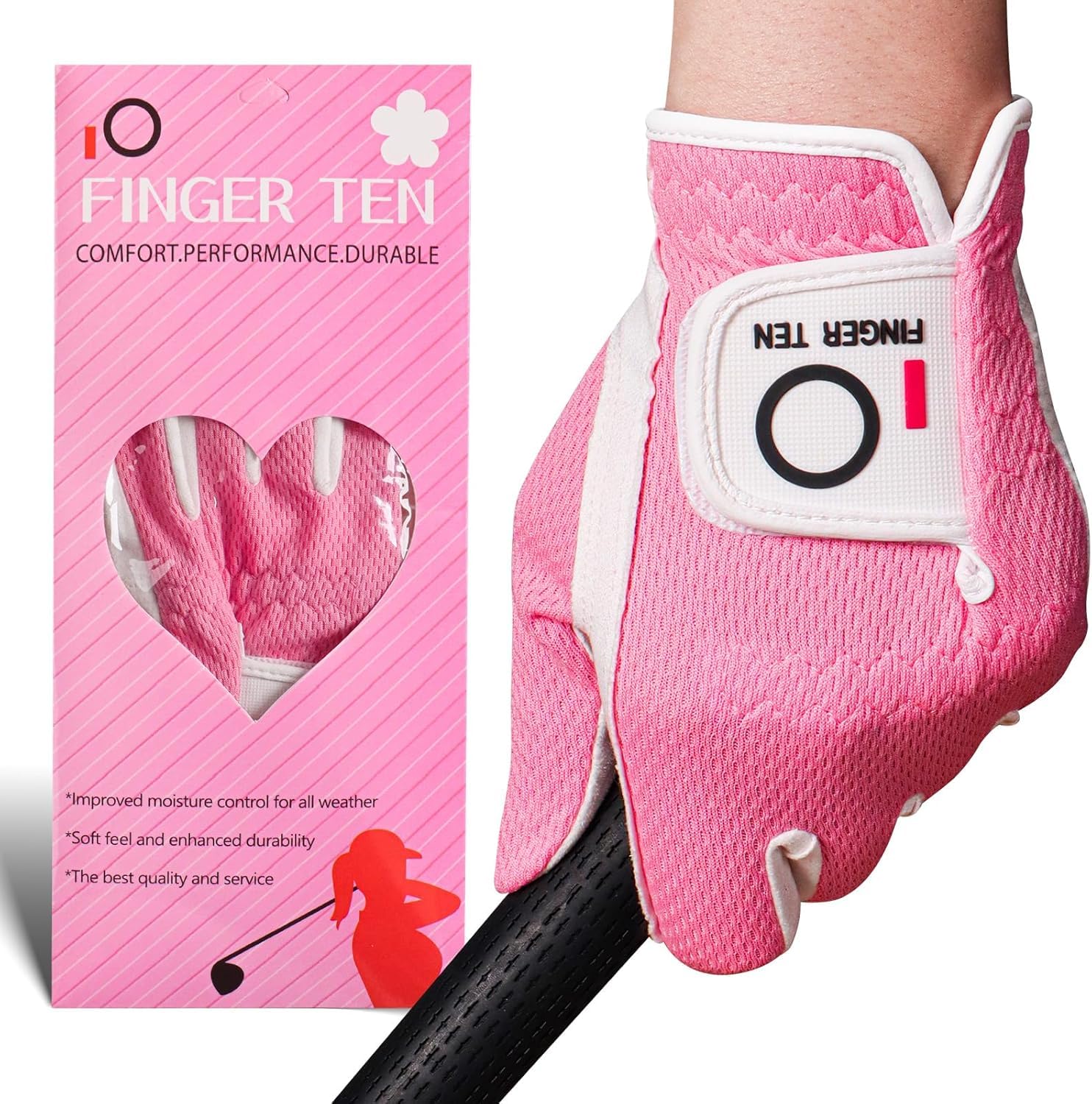 FINGER TEN Golf Gloves Women Left Hand Right Microfiber All Weather Grip Rain Hot Wet Value Pack, Ladies Golf Gloves Soft Flexible Durable Wear Resistance Good Grip (Rose, XS, Left)