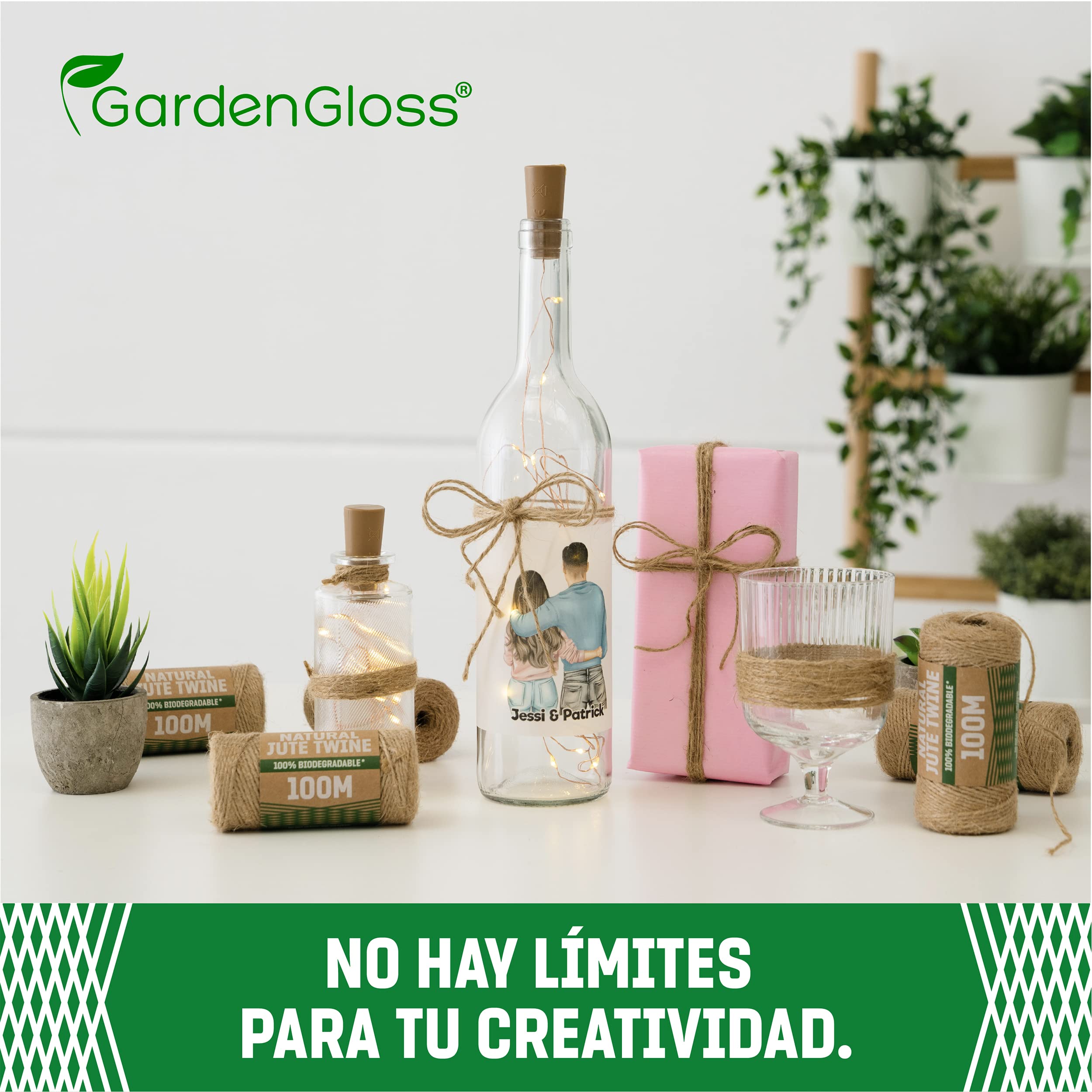 GardenGloss® Cinta de Fibra Natural de Yute (300m de Longitud, 1 mm de Grosor) - 100% Biodegradable - Cordón de Dos Hilos para jardinería, Manualidades, Bricolaje y Envolver Regalos