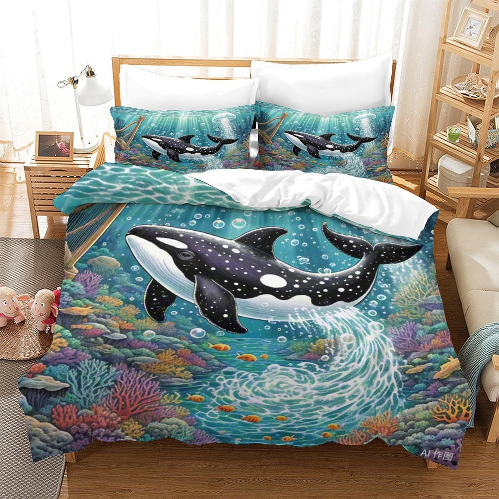 Housse de couette orca 3D lit simple 140x200cm en microfibre douce avec taie