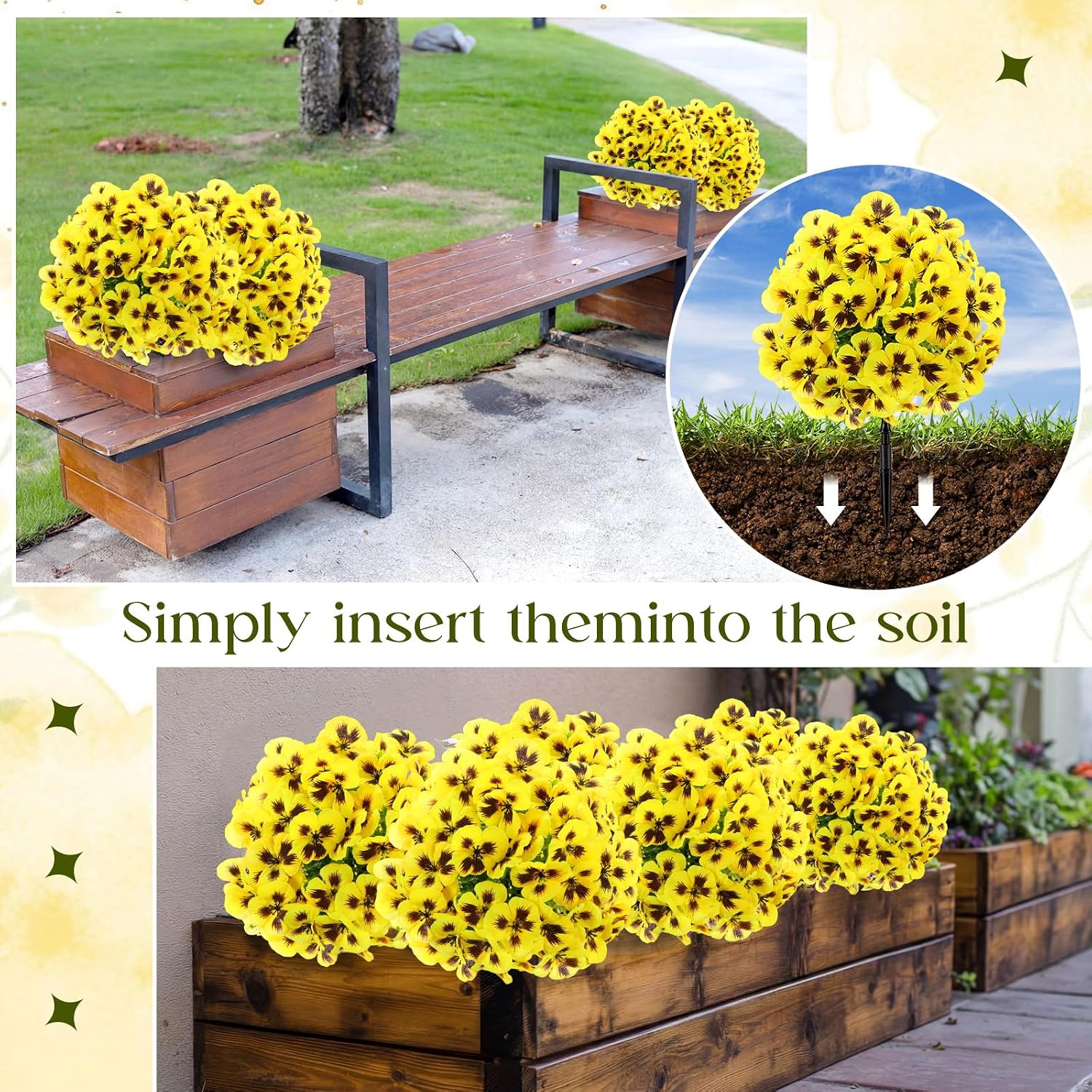 Retrowavy 4 Pcs 16 Inch Artificial Pansy Flowers for Outdoor, Artificial Topiary Boxwood Fake Silk Pansies Bushes for Spring Yard Garden Patio Porch Planters Pots Window Decor (Yellow)