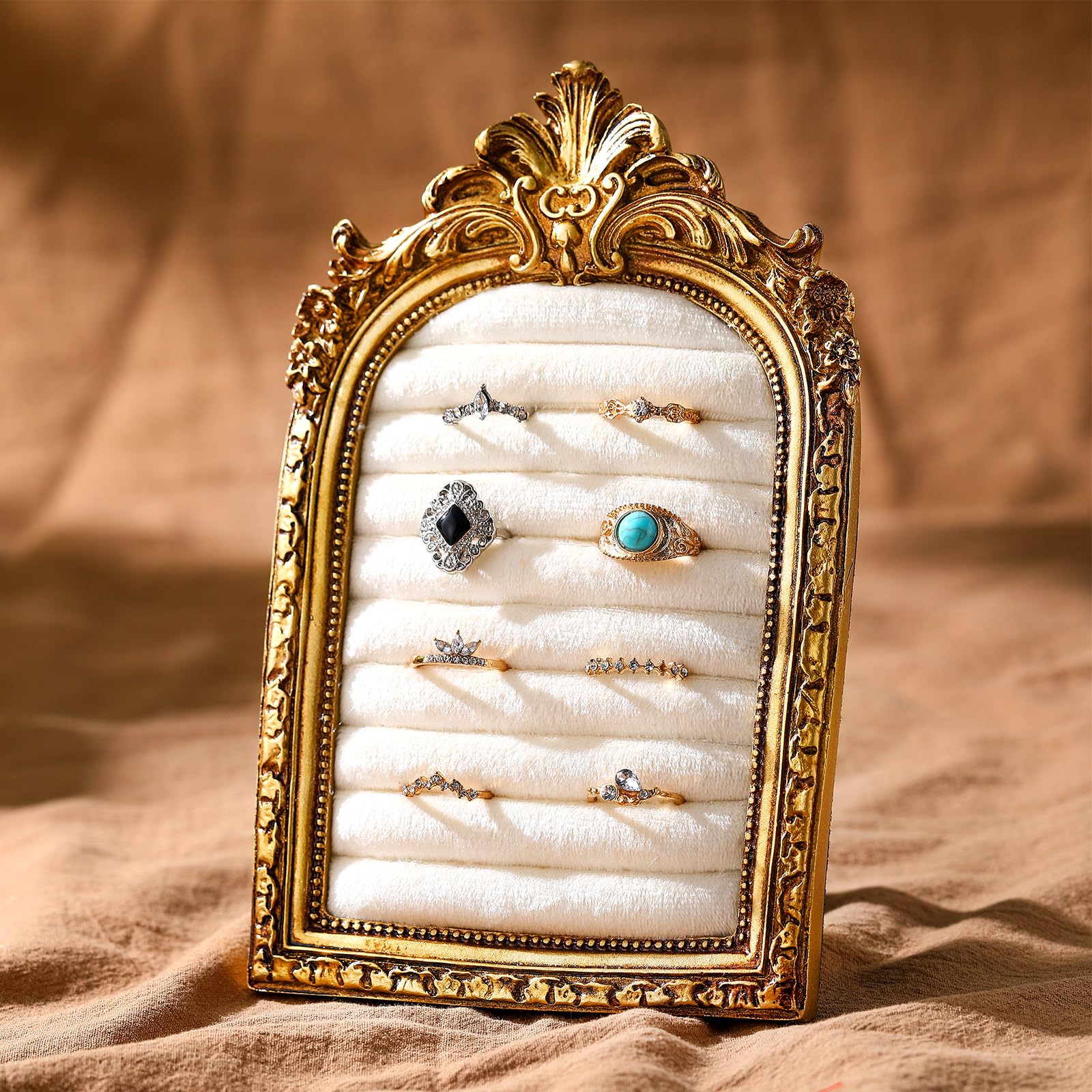 Liliaafar Vintage Ring Holder Arch Gold Ring Wedding Display | Suede Jewelry Frame Box Earring Tray Anniversary Engagement Baroque Photograph Prop for Women Birthday Christmas Gift