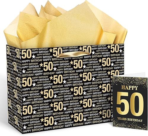 Miniatura 1 de RUMIA Bolsa de regalo de cumpleaños número 50, bolsa de regalo de cumpleaños 50 con papel de seda y tarjeta, bolsas de regalo de papel kraft de 50