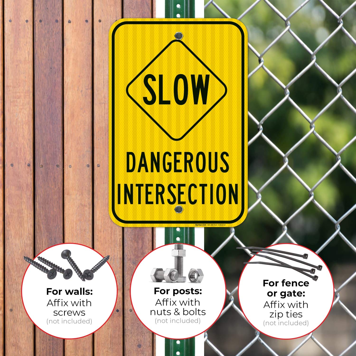 Dangerous Intersection with Slow Symbol Sign, 12x18 Inches, 3M EGP Reflective .063 Aluminum, Fade Resistant, Easy Mounting, Indoor/Outdoor Use