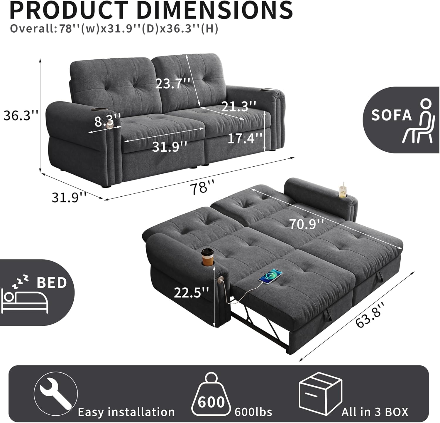 77" Queen Size Sofa Bed,3-in-1 Pull Out Couch Bed with Cup Holders,Chenille Fabric Convertible Loveseat Sleepe Sofa Bed with USB Port,Small Futon Couch for Living Room, Apartment Grey