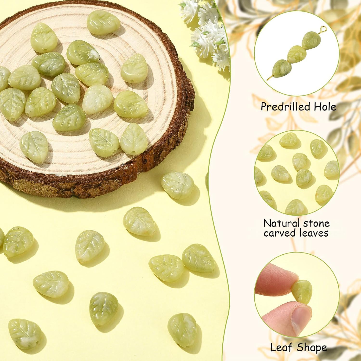 KitBeads 30Pcs Green Leaf Shape Natural Chinese Jade Carved Beads Stone Plants Tree Leaves Beads for Jewelry Making Bracelets Earring Keychains Pens Crafts