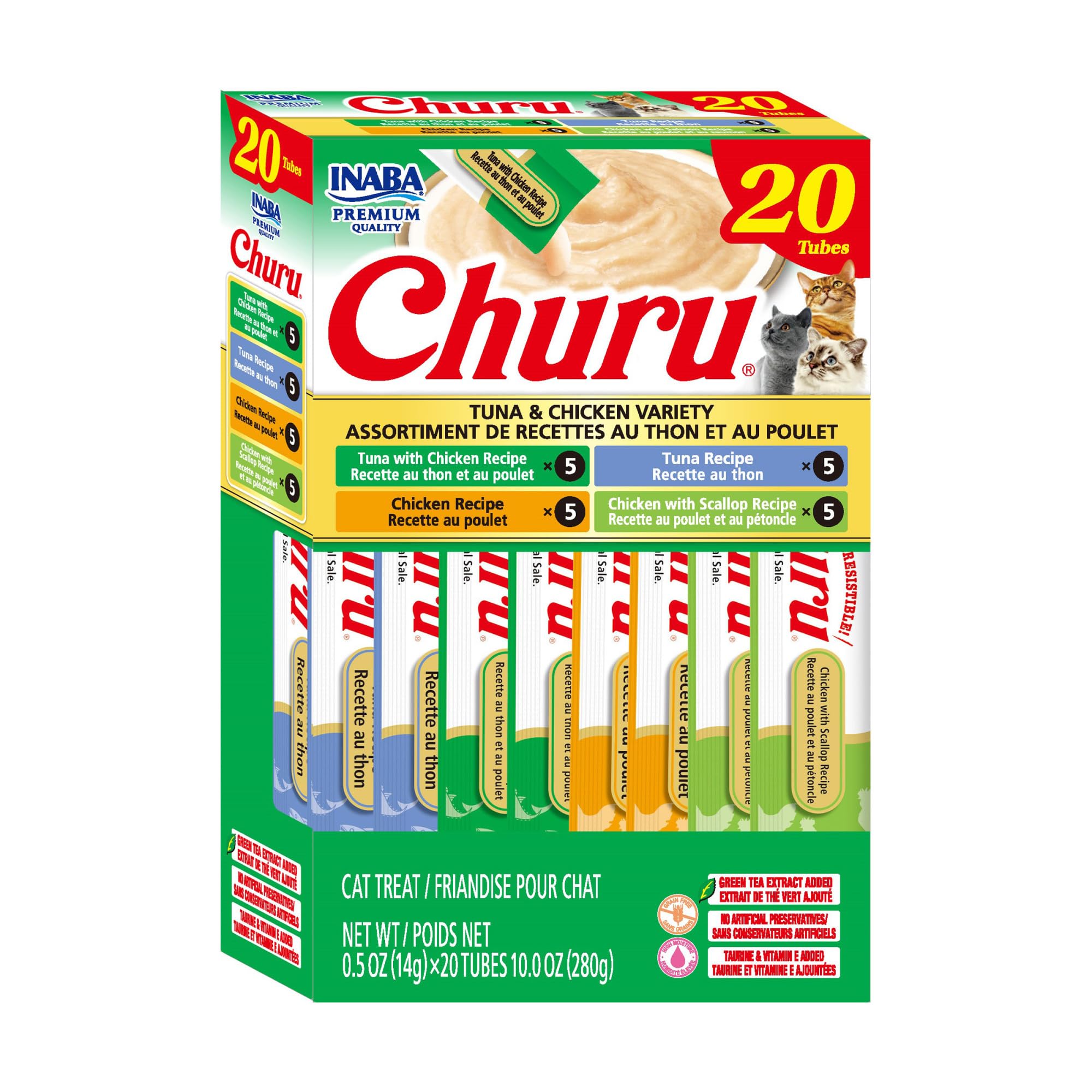 INABA Churu Cat Treats, Lickable, Squeezable Creamy Purée Cat Treat with Green Tea Extract &amp; Taurine, 0.5oz. Each Tube, 20 Tubes, Tuna &amp; Chicken Variety