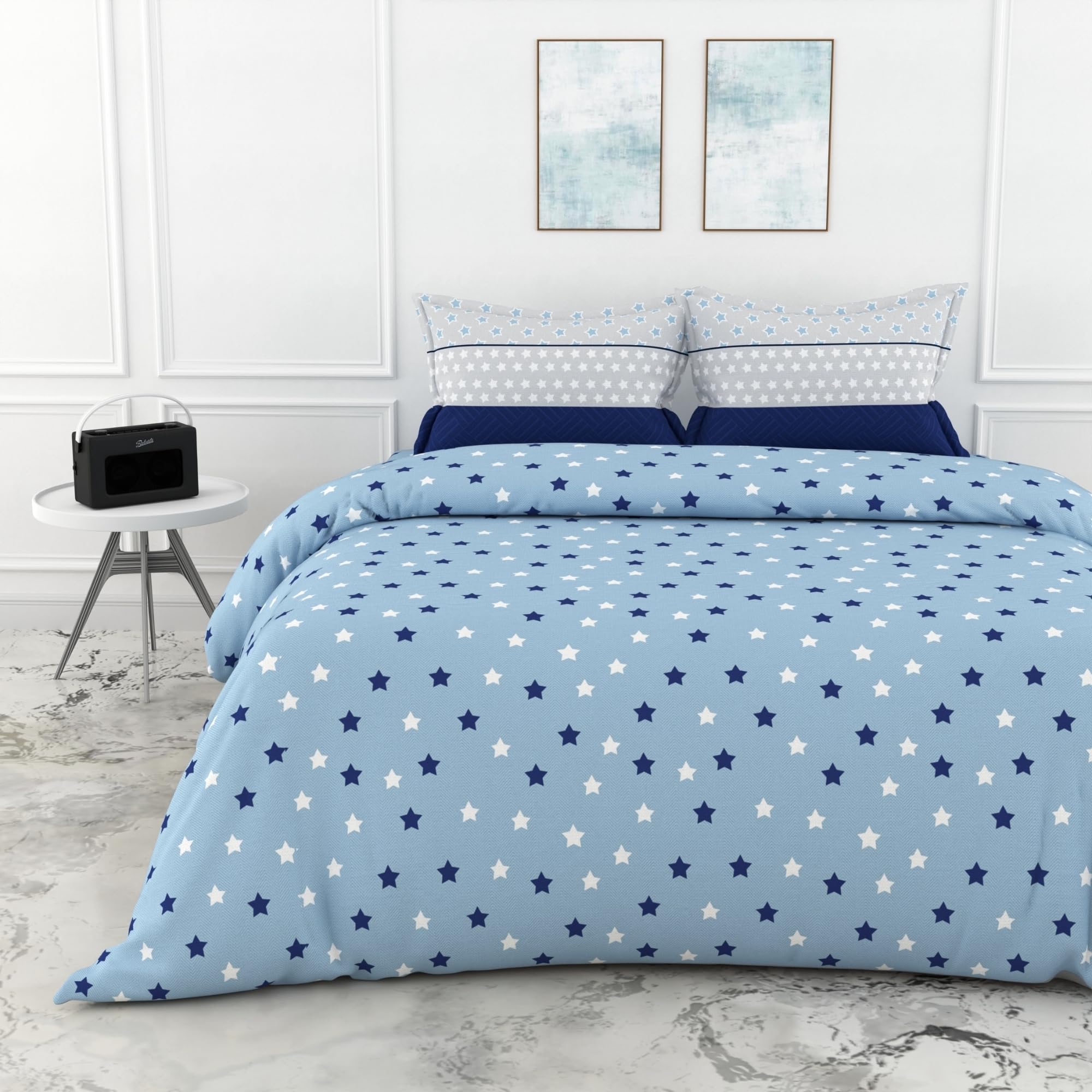 LORETO - A QUALITY LINEN BRAND 100% Cotton Bedsheet for Double Bed, 1 Double Bedsheet with 2 Pillow Covers | 144 TC Queen Size Double Bedsheet Cotton, Nile Blue Stars