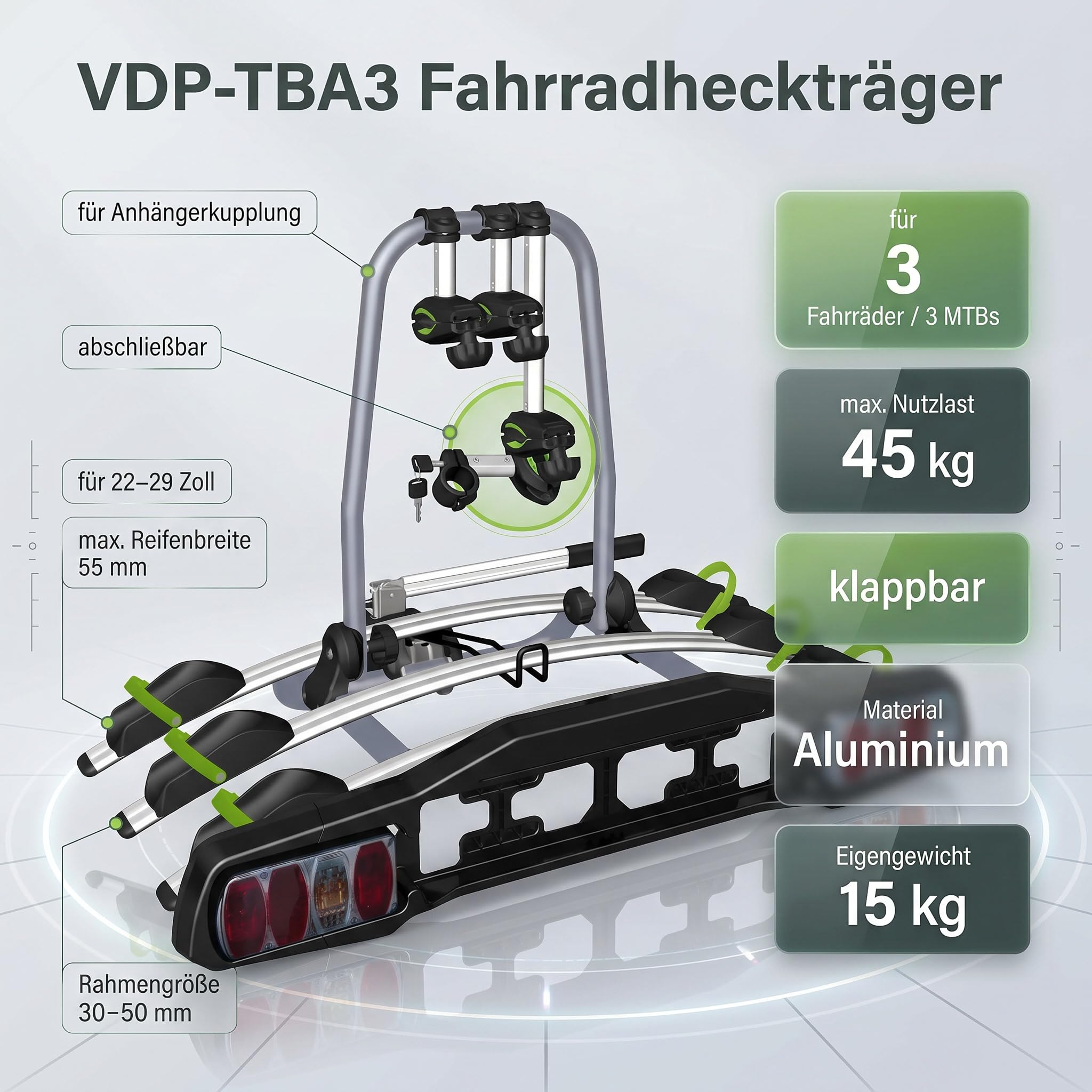 Fahrradträger Anhängerkupplung für 3 Fahrräder klappbar – Fahrradträger für Anhängerkupplung, abschließbar, Heckträger, Rahmenhalter, Kupplungsträger