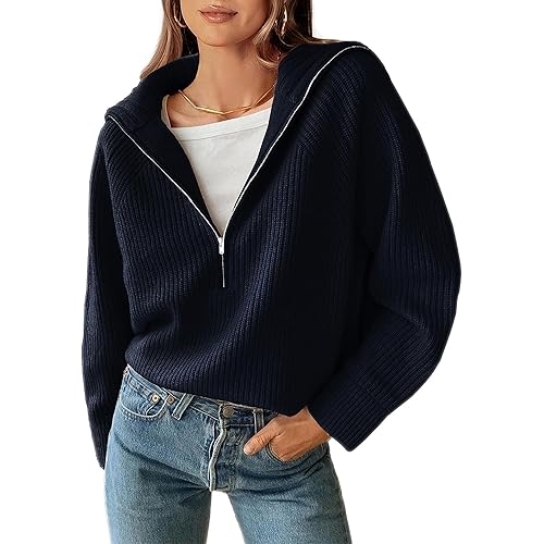 BTFBM Women’s Casual Long Sleeve Half Zip Pullover Sweaters Solid V Neck Collar Ribbed Knitted Loose Slouchy Jumper Tops