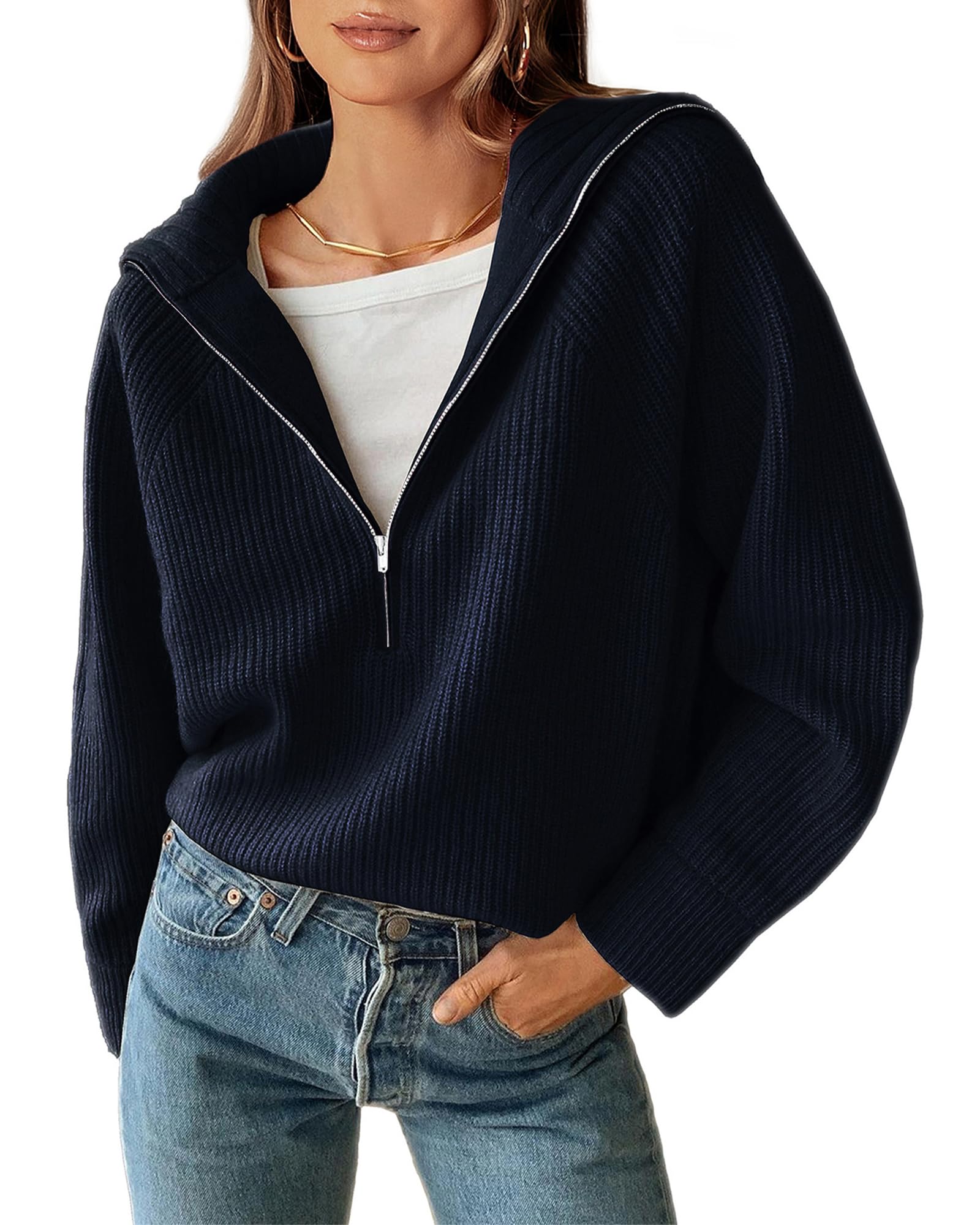 BTFBM Womens Sweaters Quarter Zip Pullover V Neck Collar Long Sleeve Ribbed Knit Loose Casual 2026 Winter Fall Sweater