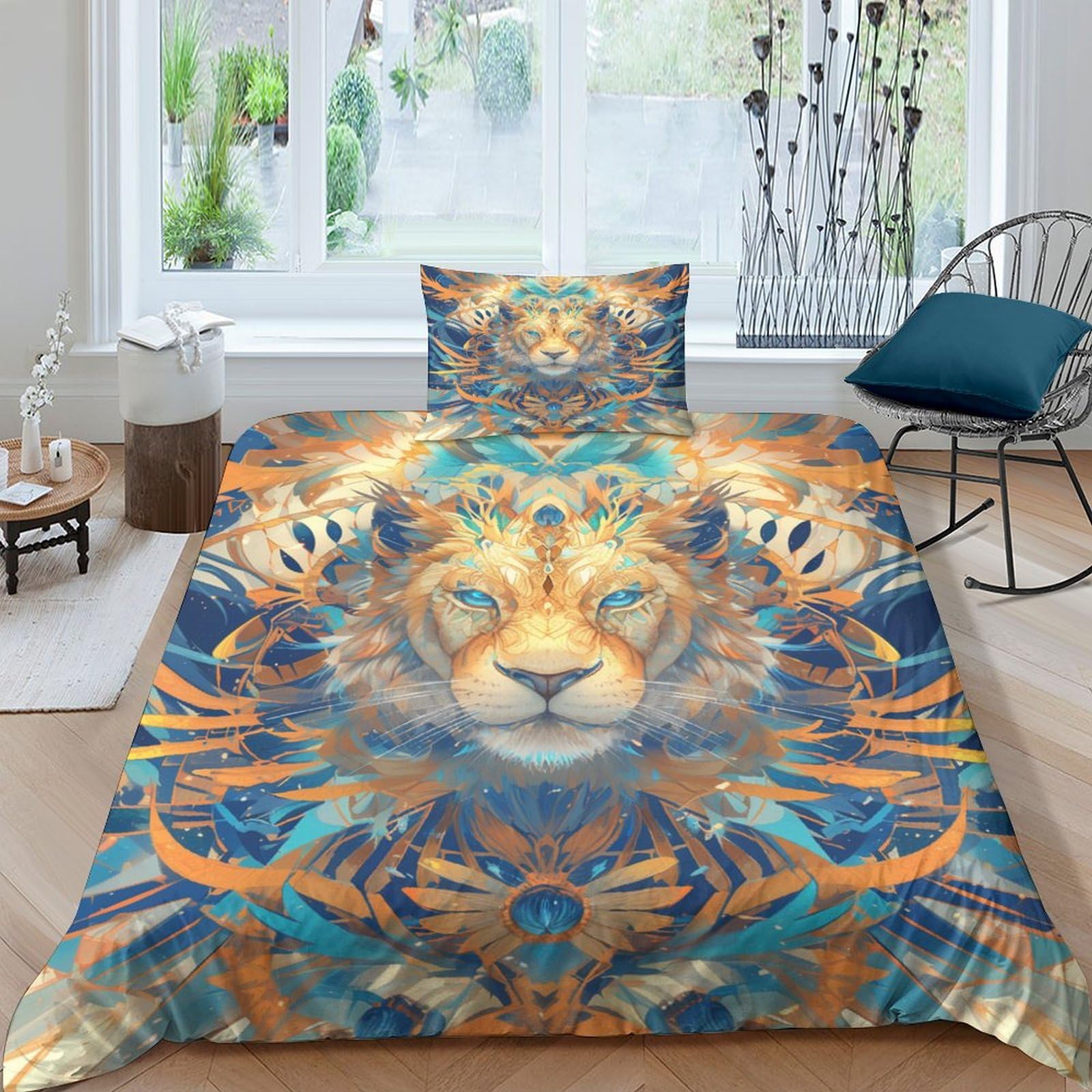 Housse de couette Lion 135x200 cm avec 2 taies d'oreiller en microfibre