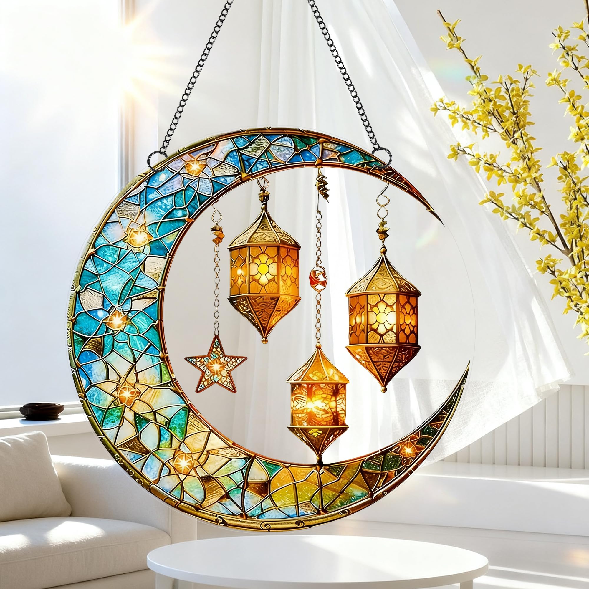 Crescent Moon & Lantern Acrylic Suncatcher with Hanging Chain, Moroccan Style Window Decor for Home, Patio, Garden, Ramadan & Housewarming，Ideal Present for Family and Friends/YX-37 — view 3