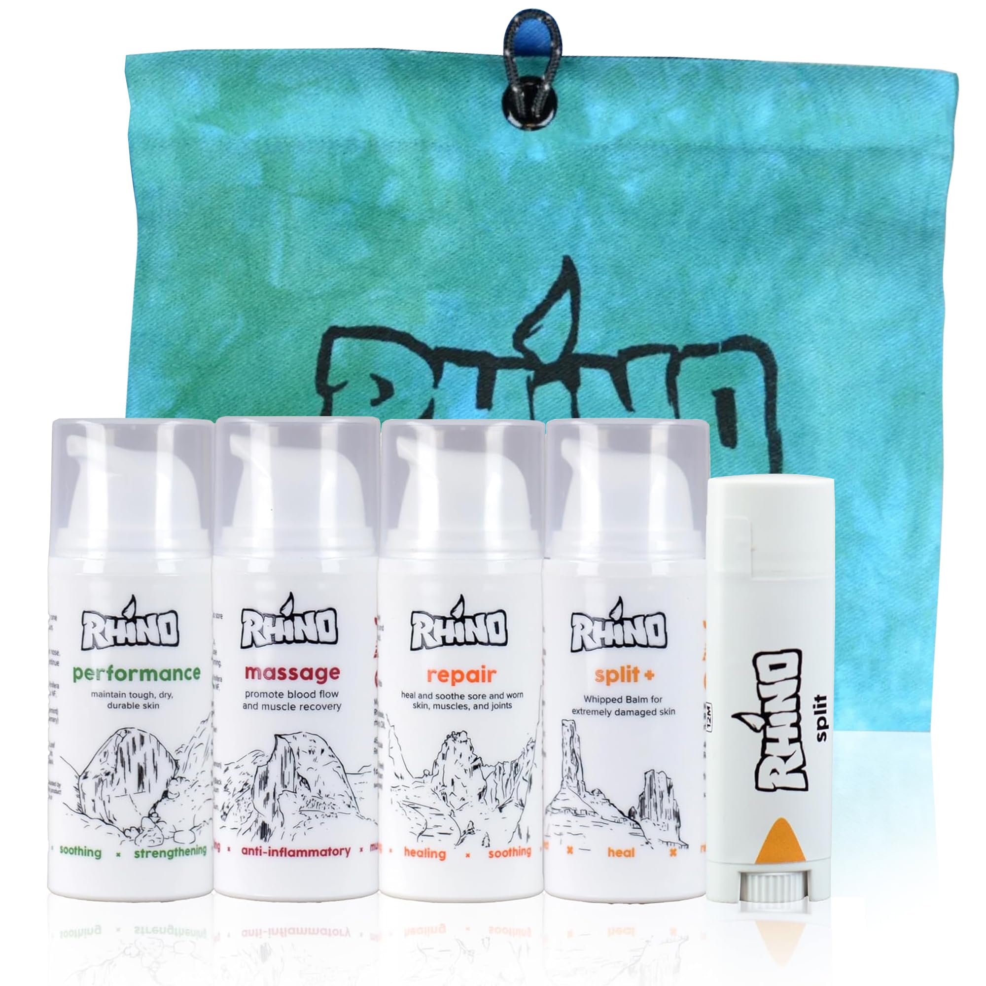 Rhino Skin Starter Kit Bundle - Climbing Skincare 5-Piece Set with Hand Cream, Lotion, Conditioner, Antiperspirant, and Balm | For Dry and Cracked Hands | Travel Size Hand Creams with Handmade Pouch