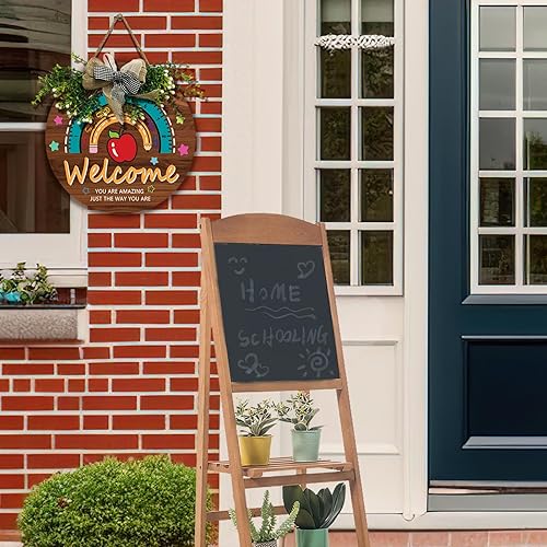 Miniatura 5 de Letrero de madera para puerta de aula de profesor, letrero de bienvenida para aula, estrella de manzana, flor para profesor, corona para puerta de