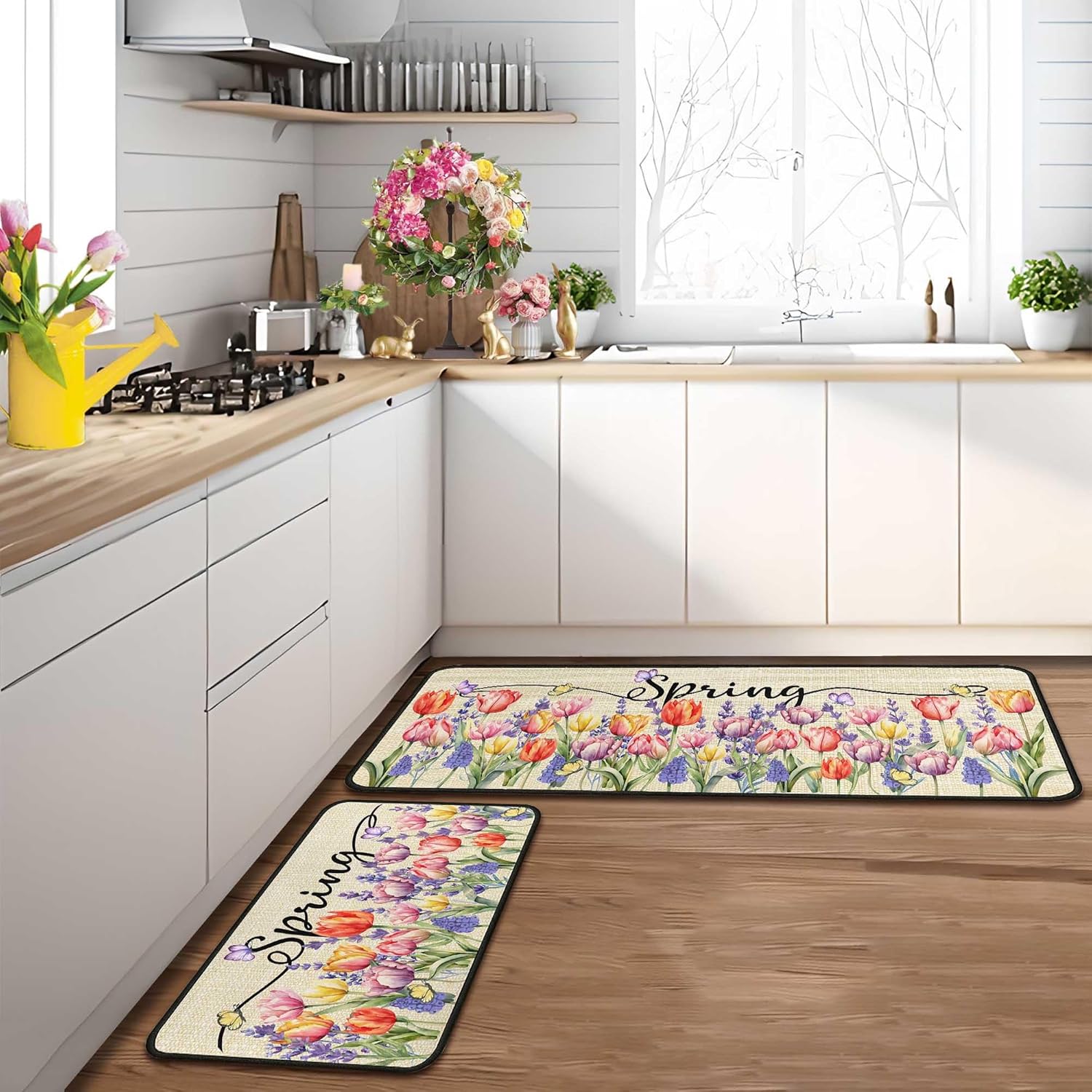 Sping Kitchen Rugs and Mats Set of 2, Sping Decorations for Home Non Slip Backing Sping Kitchen Rug Seasonal Low-Profile Kitchen Floor Mat Sping Decor 17"X47"+17"X30"