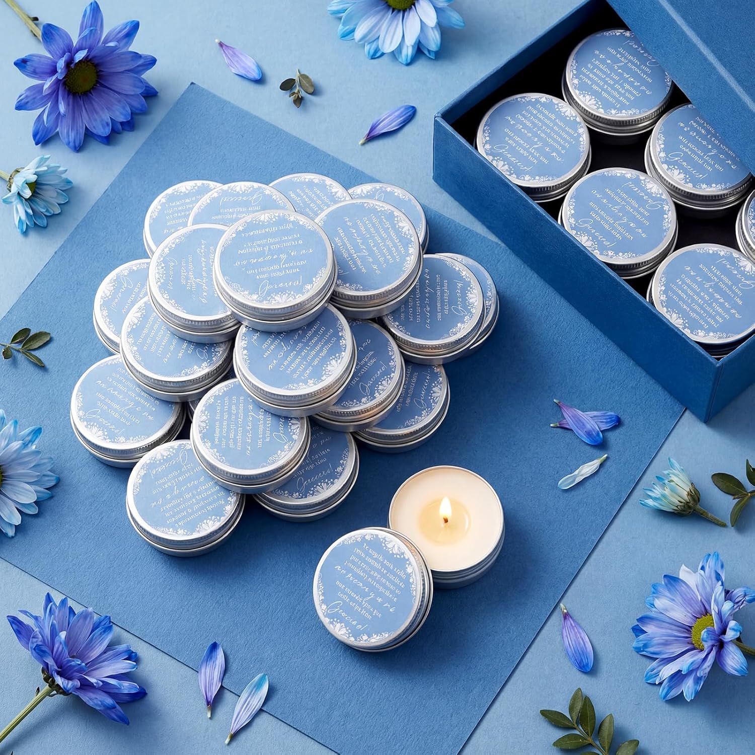Lounsweer 50 Pcs Cielito Lindo Party Favors Mexican Jar Candles Gift for Guests 1 oz Lavender Scented Soy Wax Candles Bulk Favors for Birthday Baby Shower Party Supplies (Blue)