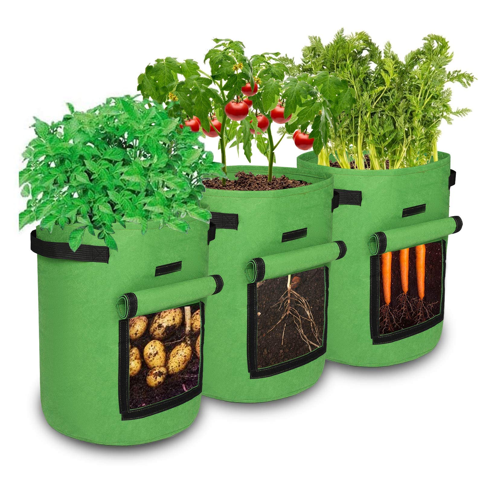 Bolsas de cultivo de patatas, contenedores de plantación de 10 galones con solapa y asas, paquete de 3, ideales para tomates y verduras